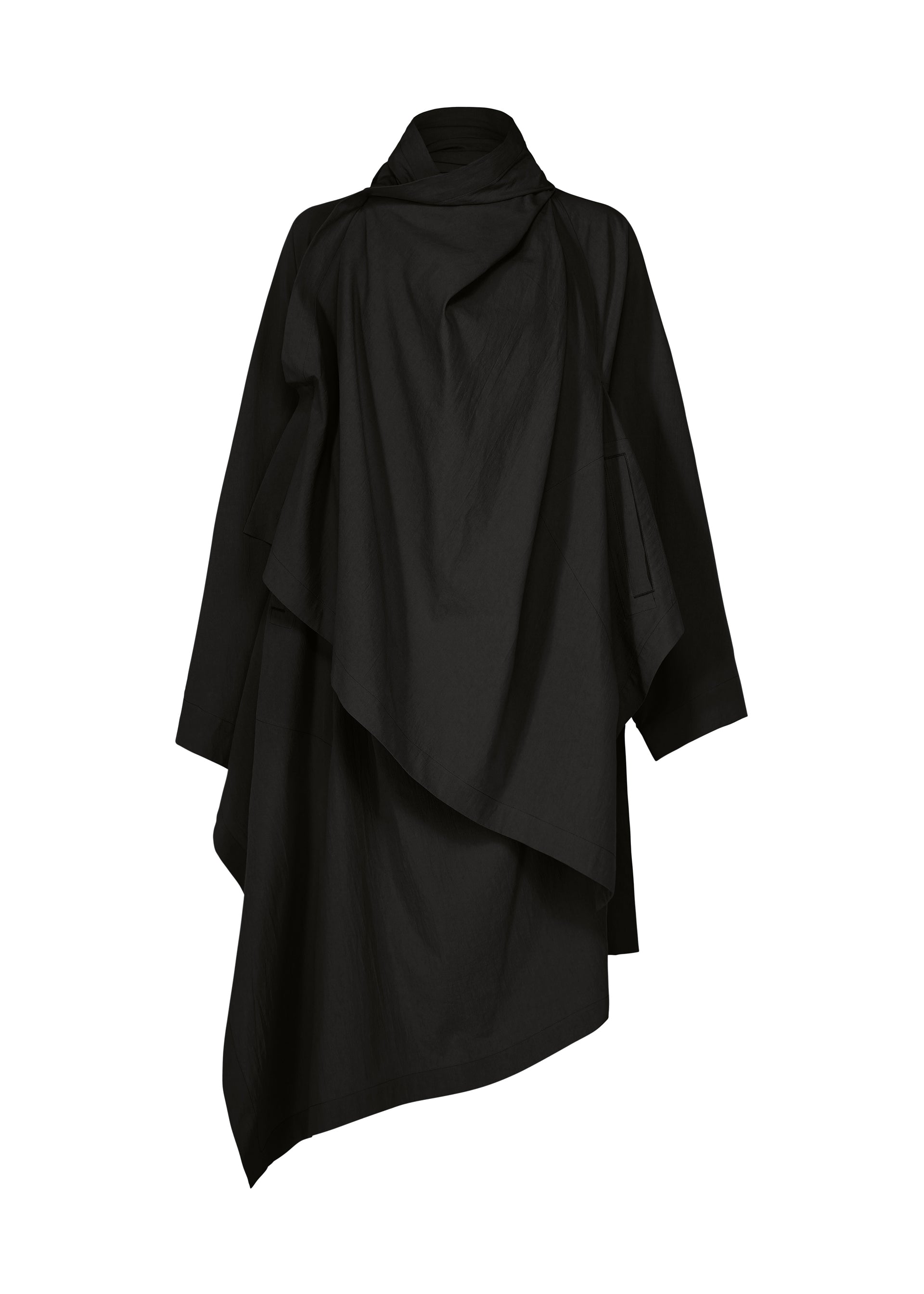 Zoomed view The IM MEN COMFORT COTTON coat is an asymmetrical black design, crafted from high-twist organic cotton with long sleeves, a draped layered front, and a high collar, shown against a white background. - BLACK （no.15）
