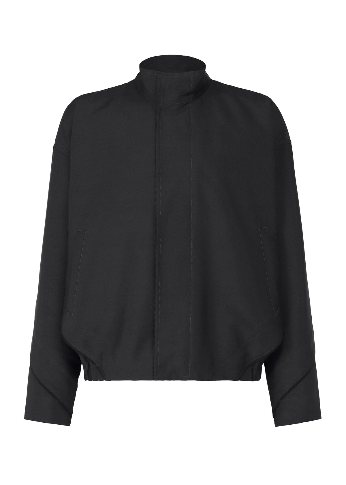 The FLUENT jacket by IM MEN is a black, long-sleeve, collarless piece with a high neckline, front closure, side pockets, loose fit, slightly dropped shoulders, and a cinched waist hem. view 2 of 9