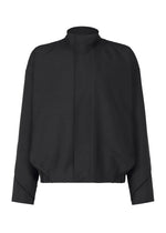 The FLUENT jacket by IM MEN is a black, long-sleeve, collarless piece with a high neckline, front closure, side pockets, loose fit, slightly dropped shoulders, and a cinched waist hem. - BLACK （no.15）