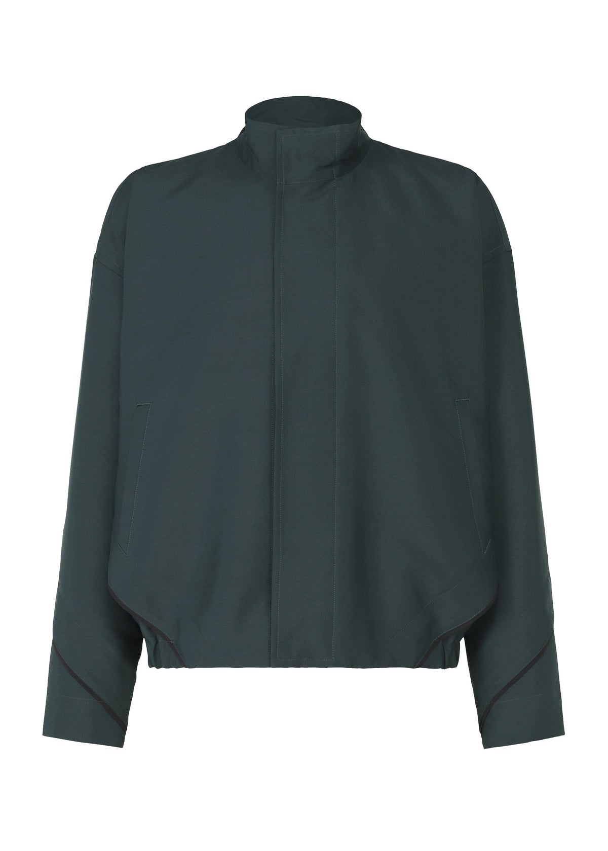 The FLUENT jacket by IM MEN is a dark green, lightweight, breathable piece with long sleeves, high collar, front zipper with flap, two vertical side pockets, and a slightly loose cropped fit—combining comfort and style for any occasion. view 3 of 9