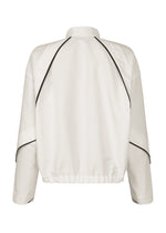 Back view of the IM MEN FLUENT jacket featuring a lightweight, breathable design, long sleeves, black seam piping, high collar, elastic waistband, and a loose fit.