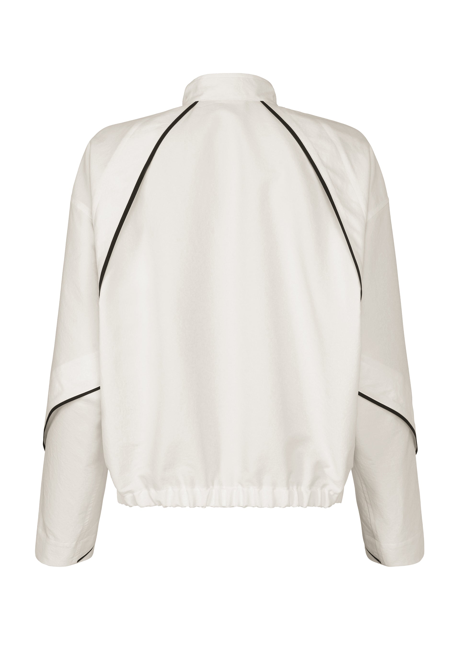 Zoomed view Back view of the IM MEN FLUENT jacket featuring a lightweight, breathable design, long sleeves, black seam piping, high collar, elastic waistband, and a loose fit.