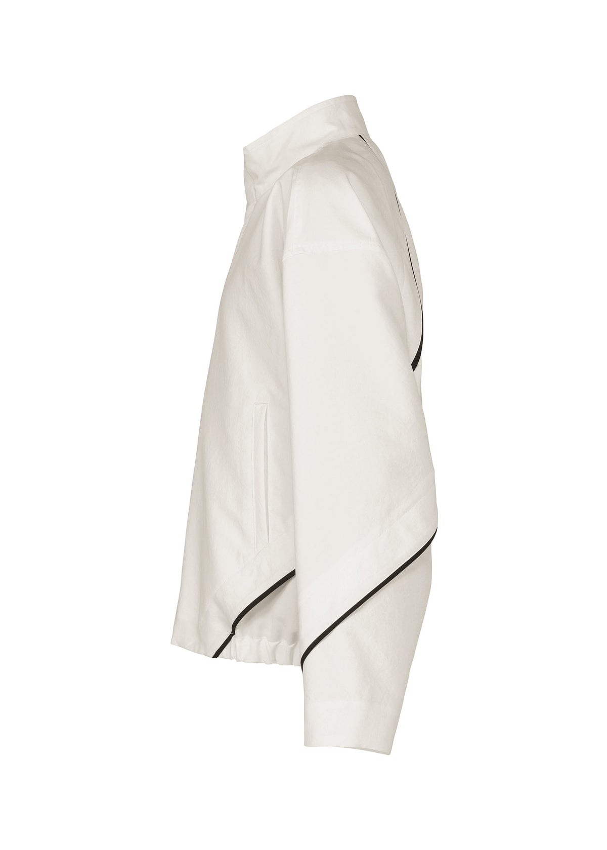 The IM MEN FLUENT jacket is a white, lightweight outerwear piece with a high collar, side pocket, and black diagonal piping along the sleeve and body for a sleek, modern look. view 5 of 9