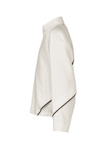 The IM MEN FLUENT jacket is a white, lightweight outerwear piece with a high collar, side pocket, and black diagonal piping along the sleeve and body for a sleek, modern look.
