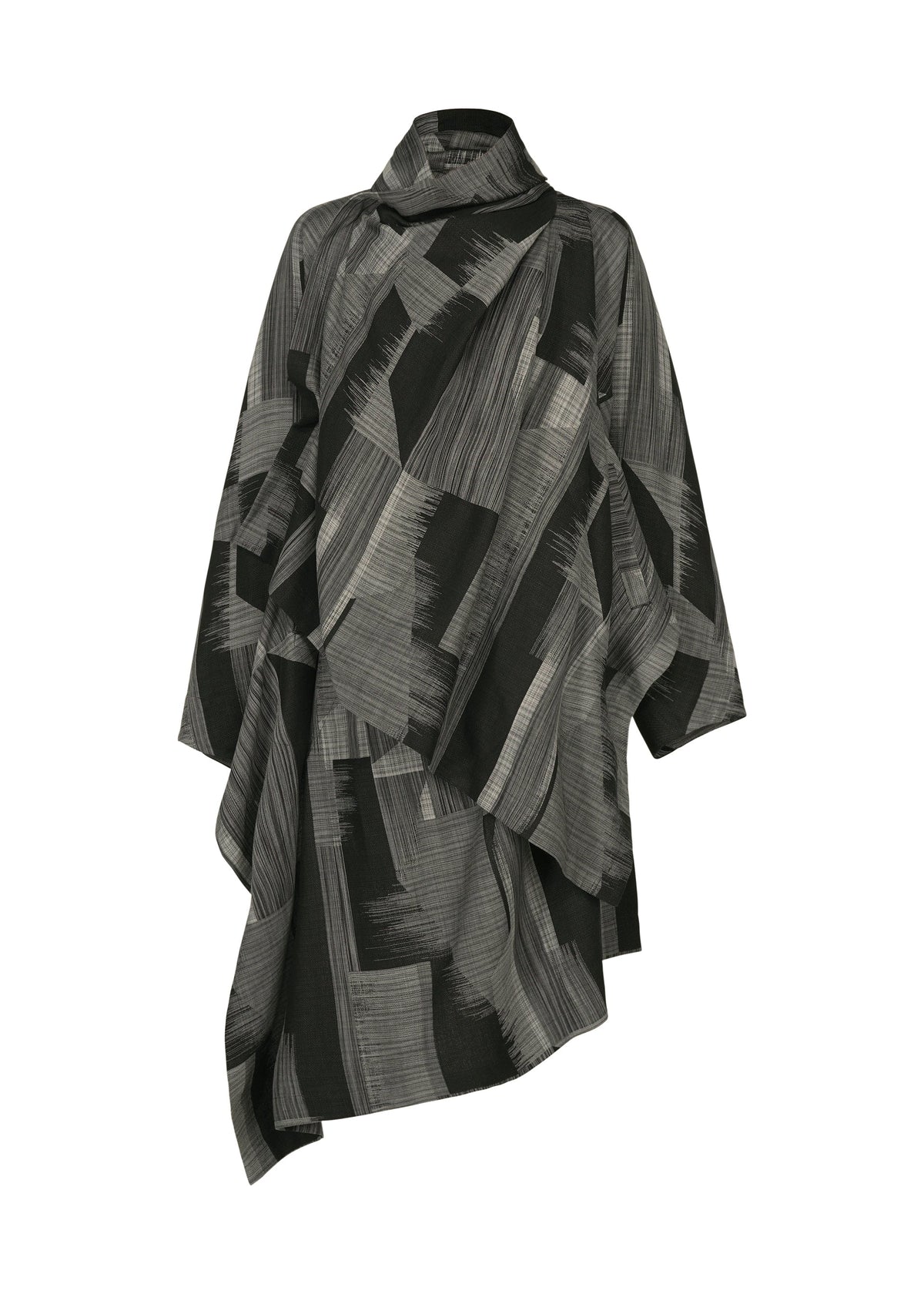 The KASURI poncho by IM MEN features an asymmetrical silhouette in black and gray with an abstract brushstroke pattern, draped layers inspired by a classic drape jacket, and a high neckline. view 1 of 9