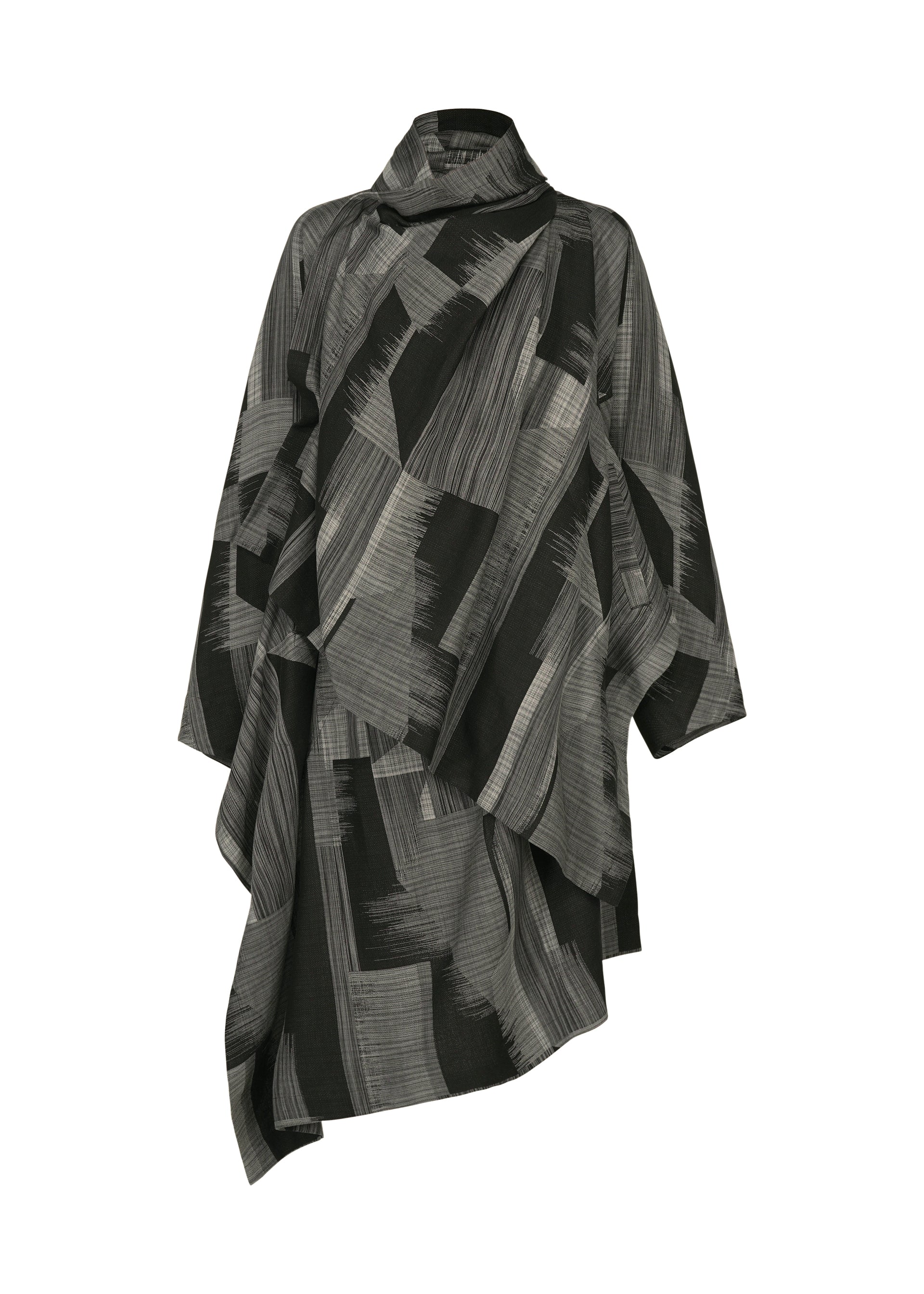 Zoomed view The KASURI poncho by IM MEN features an asymmetrical silhouette in black and gray with an abstract brushstroke pattern, draped layers inspired by a classic drape jacket, and a high neckline. - BLACK （no.15）