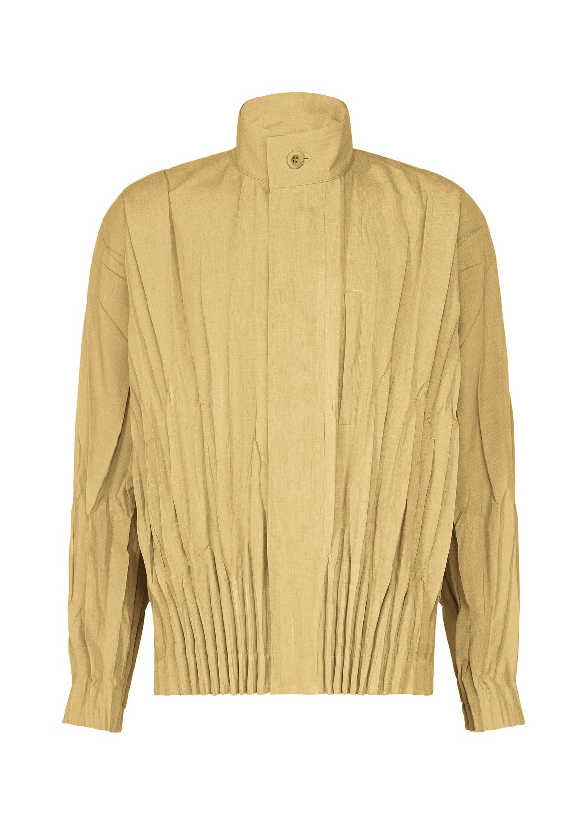 IM MEN’s EDGE jacket features a tan mélange polyester construction with a high collar, long sleeves, and button accents. The pleated design gathers at the waist and wrists, producing a structured, three-dimensional silhouette. view 1 of 9