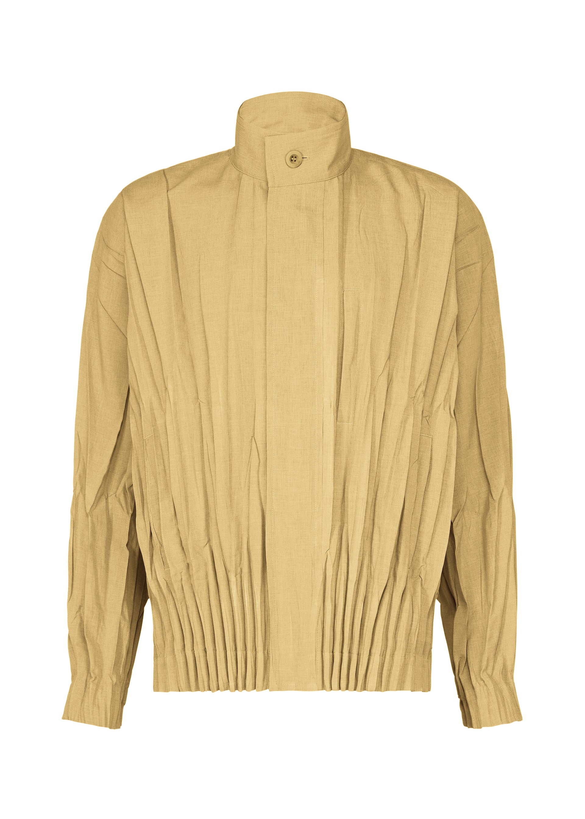 Zoomed view IM MEN’s EDGE jacket features a tan mélange polyester construction with a high collar, long sleeves, and button accents. The pleated design gathers at the waist and wrists, producing a structured, three-dimensional silhouette. - BEIGE （no.41）