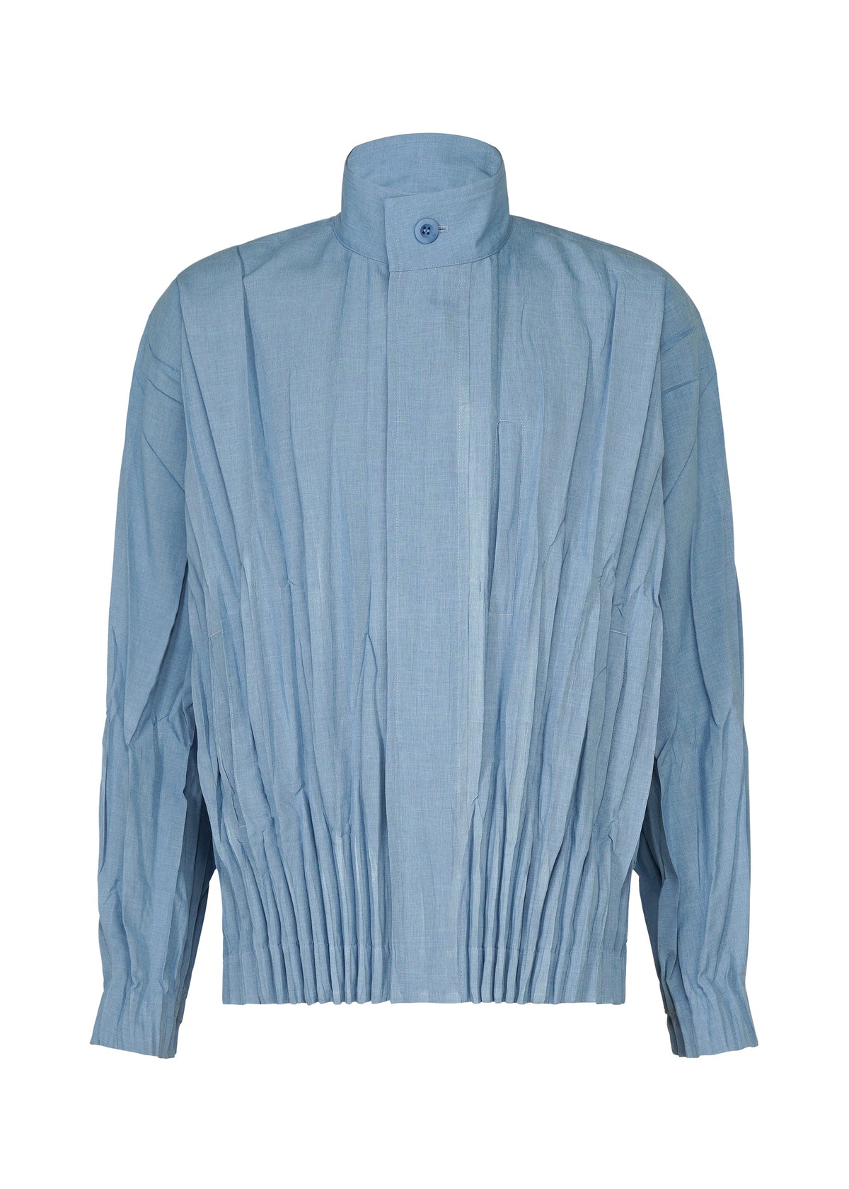 Introducing EDGE by IM MEN: a light blue, long-sleeve pleated jacket featuring a high collar and a single button closure at the neck. Designed with gathered fabric from shoulders to hem and cuffs for a sculptural, three-dimensional effect, this piece is crafted from mélange polyester and is free of visible pockets or patterns. view 2 of 9