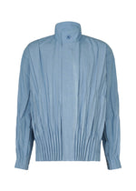 Introducing EDGE by IM MEN: a light blue, long-sleeve pleated jacket featuring a high collar and a single button closure at the neck. Designed with gathered fabric from shoulders to hem and cuffs for a sculptural, three-dimensional effect, this piece is crafted from mélange polyester and is free of visible pockets or patterns. - LIGHT BLUE （no.70）