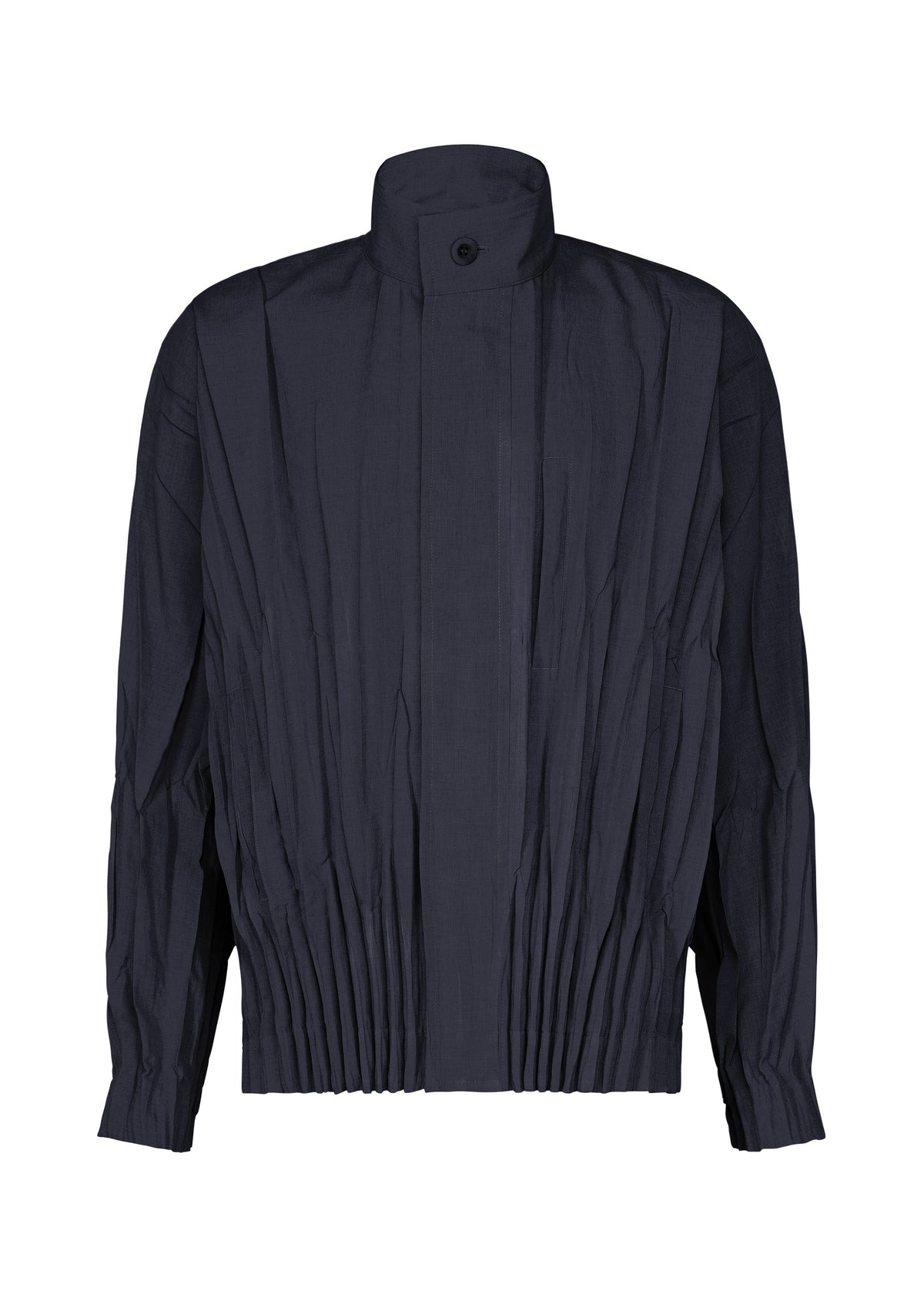 The EDGE jacket by IM MEN is crafted from mélange polyester for a three-dimensional effect and features a dark navy hue, long sleeves, a high collar with a single top button, refined pleated detailing, and an elastic gathered waistband. view 3 of 9