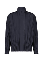 The EDGE jacket by IM MEN is crafted from mélange polyester for a three-dimensional effect and features a dark navy hue, long sleeves, a high collar with a single top button, refined pleated detailing, and an elastic gathered waistband. - NAVY （no.75）