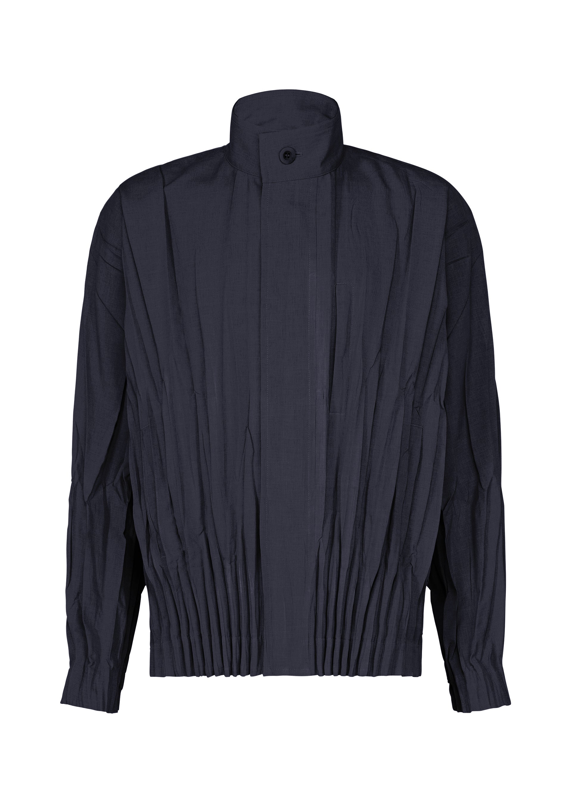Zoomed view The EDGE jacket by IM MEN is crafted from mélange polyester for a three-dimensional effect and features a dark navy hue, long sleeves, a high collar with a single top button, refined pleated detailing, and an elastic gathered waistband. - NAVY （no.75）