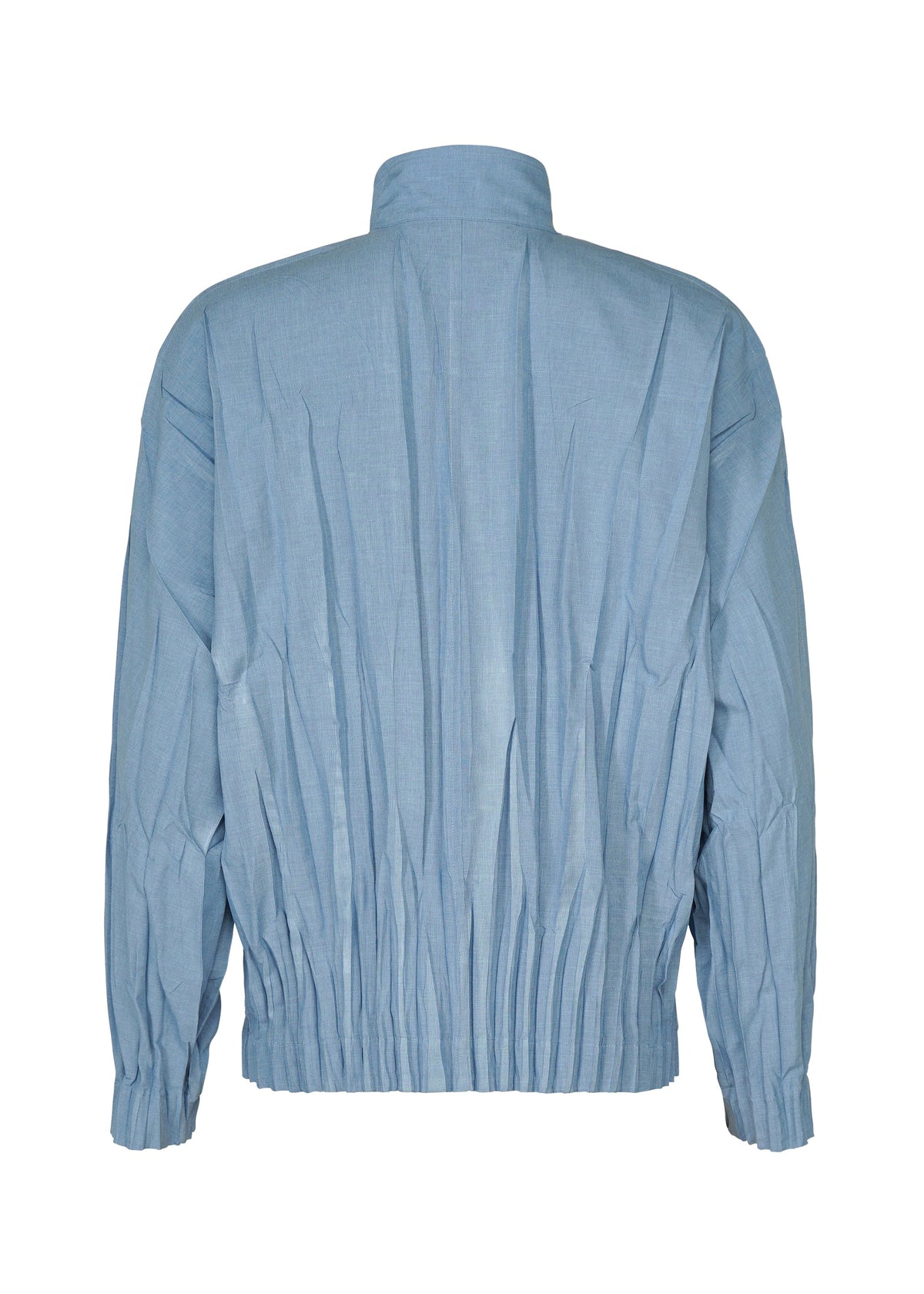IM MEN EDGE jacket in light blue, displayed from the back. Features a high collar, distinctive pleated fabric for a three-dimensional effect, and gathered elastic at the waist and cuffs. Made from soft mélange polyester to enhance texture and style. view 4 of 9