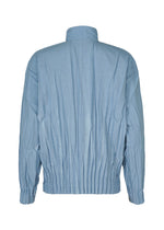 IM MEN EDGE jacket in light blue, displayed from the back. Features a high collar, distinctive pleated fabric for a three-dimensional effect, and gathered elastic at the waist and cuffs. Made from soft mélange polyester to enhance texture and style.