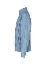 The EDGE shirt by IM MEN is a light blue, long-sleeve button-up featuring a distinctive pleated fabric that adds subtle dimension, shown in a side view against a plain white background.