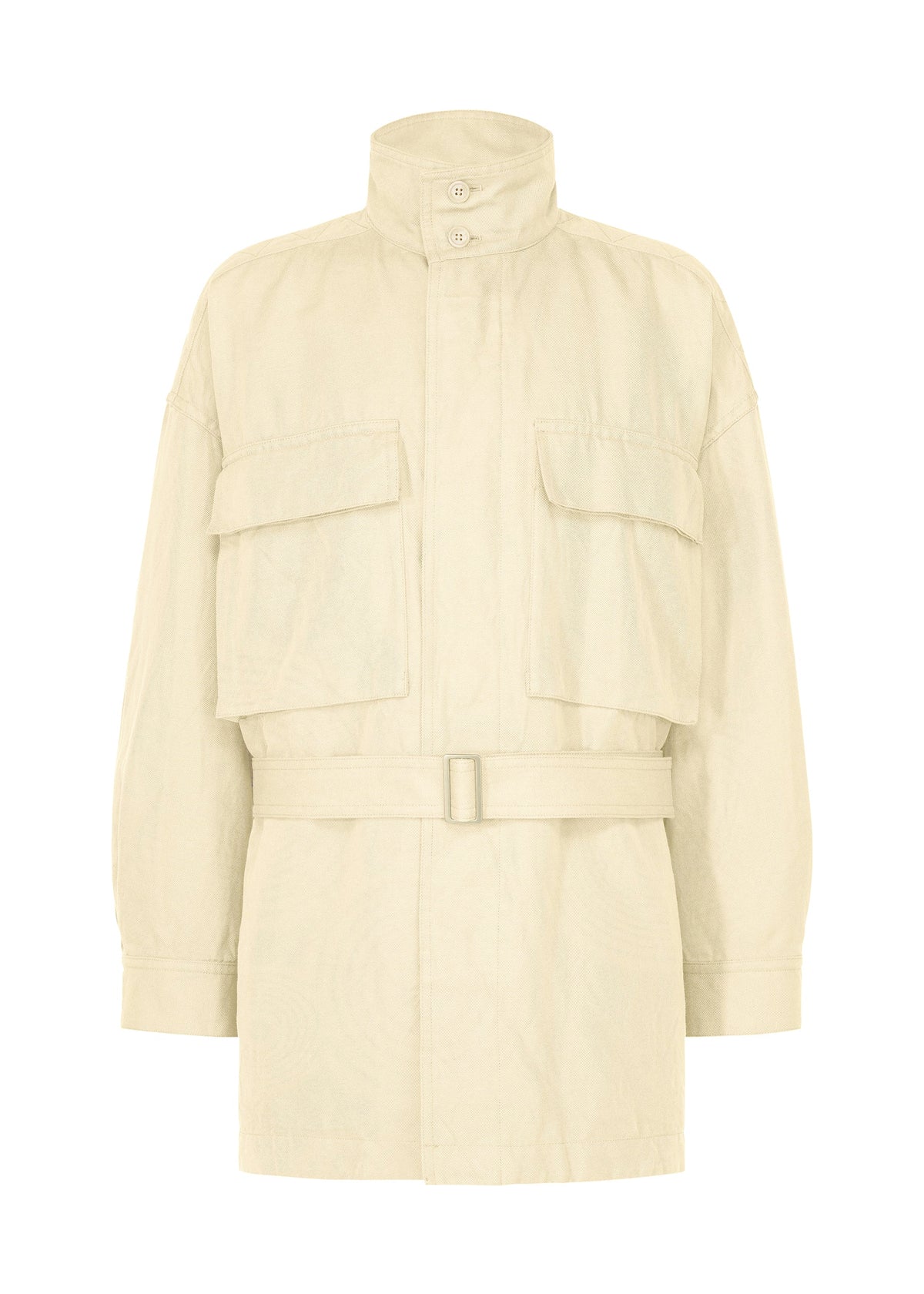 Light beige, long-sleeve wool-cotton jacket from IM MEN’s TOUGH WOOL COTTON line, crafted from a blended yarn and featuring a high collar, button closure, two large chest flap pockets, and a matching fabric waist belt. Its structured silhouette and utilitarian details are inspired by classic Bishu wool tailoring. view 1 of 9