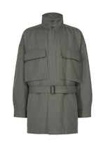 Introducing TOUGH WOOL COTTON by IM MEN: a gray utility jacket crafted from blended yarn, featuring a high collar, front button closure, long sleeves, a belted waist, and two large chest pockets. - CHARCOAL GRAY （no.13）
