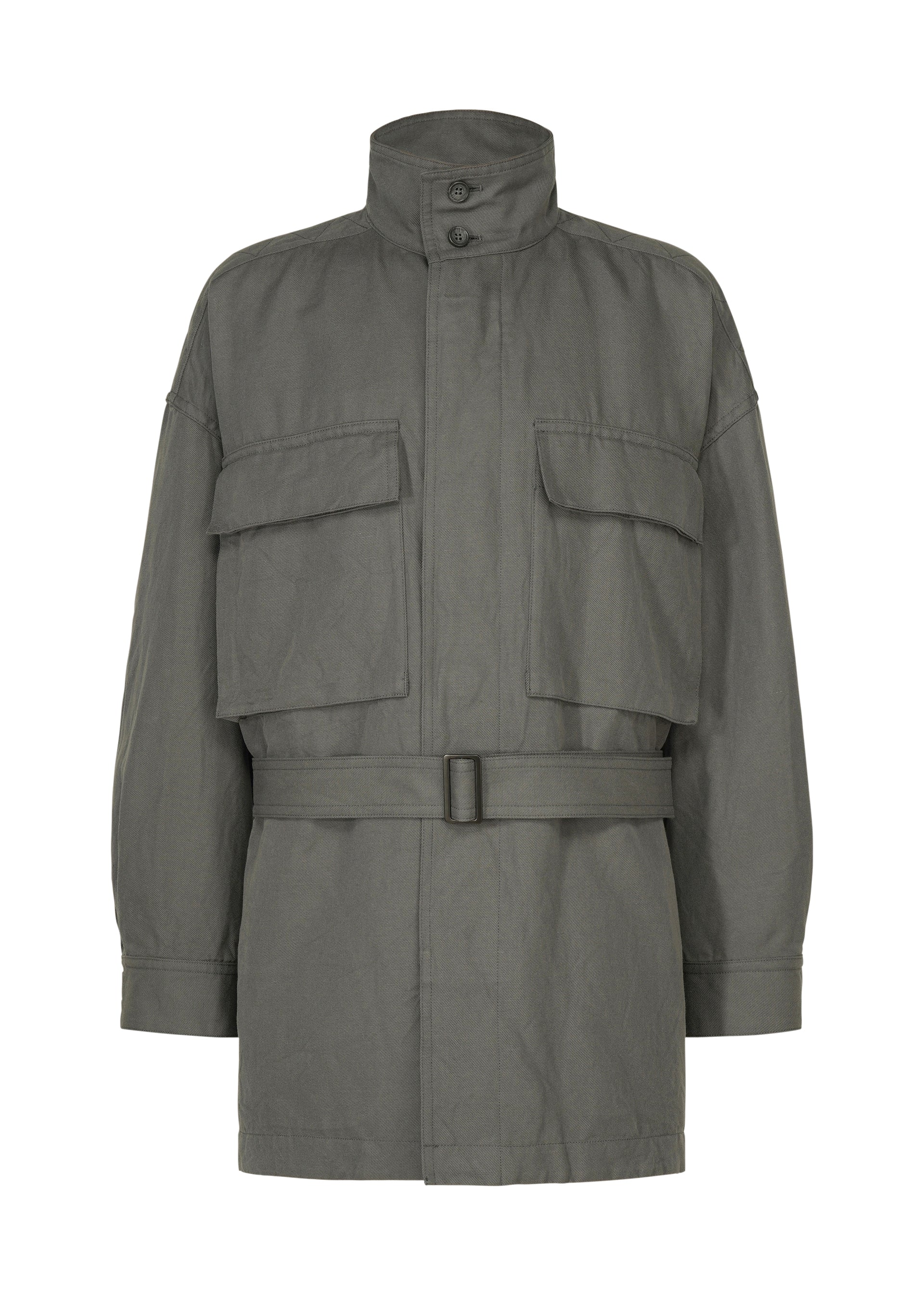 Zoomed view Introducing TOUGH WOOL COTTON by IM MEN: a gray utility jacket crafted from blended yarn, featuring a high collar, front button closure, long sleeves, a belted waist, and two large chest pockets. - CHARCOAL GRAY （no.13）
