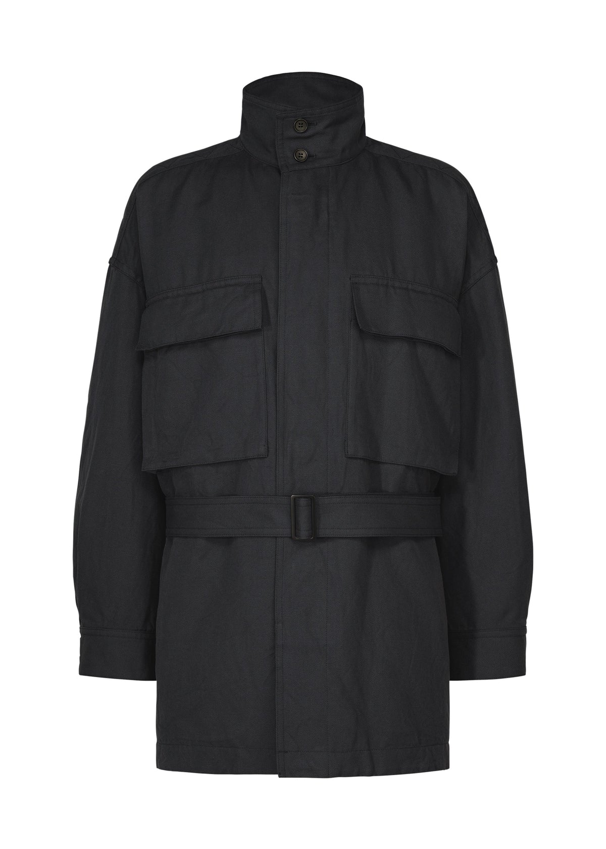 The IM MEN TOUGH WOOL COTTON jacket is a black utility style featuring a high collar, long sleeves, two spacious chest pockets, and a belted waist. Expertly crafted from premium Bishu wool, it is displayed on a white background. view 3 of 9