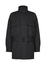 The IM MEN TOUGH WOOL COTTON jacket is a black utility style featuring a high collar, long sleeves, two spacious chest pockets, and a belted waist. Expertly crafted from premium Bishu wool, it is displayed on a white background. - BLACK NAVY （no.74）