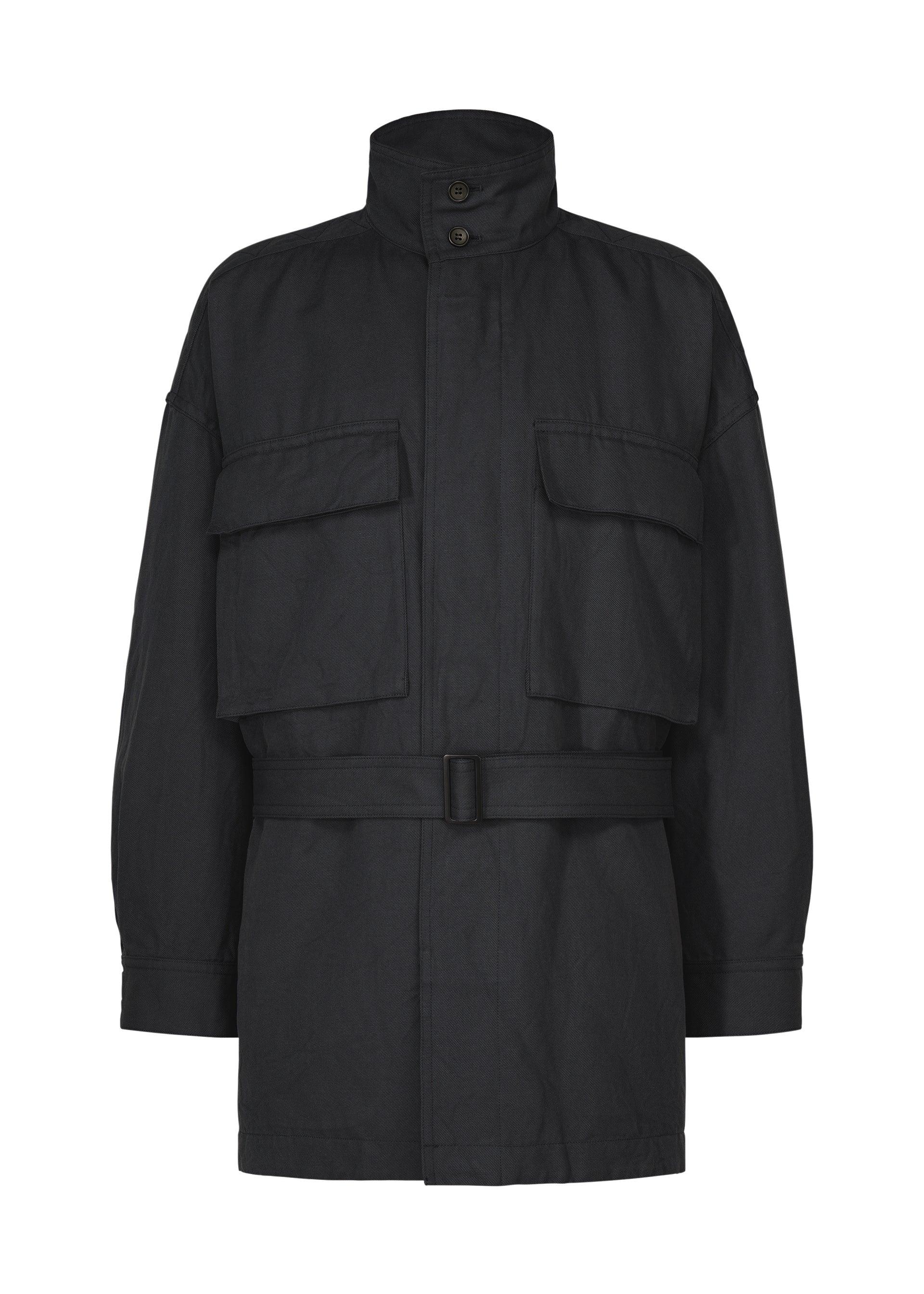 Zoomed view The IM MEN TOUGH WOOL COTTON jacket is a black utility style featuring a high collar, long sleeves, two spacious chest pockets, and a belted waist. Expertly crafted from premium Bishu wool, it is displayed on a white background. - BLACK NAVY （no.74）