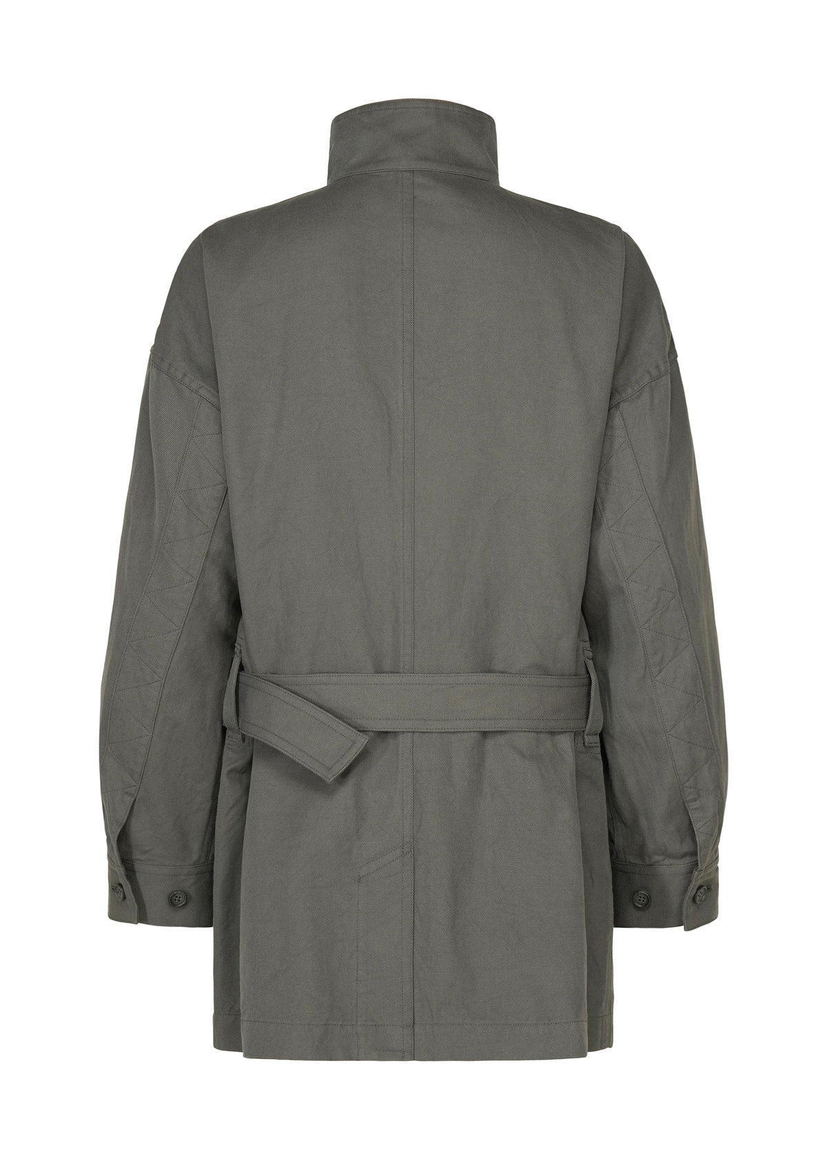 Back view of the IM MEN TOUGH WOOL COTTON long-sleeved, belted dark gray jacket, crafted from premium Bishu wool with a high collar and buttoned cuffs, laid flat against a white background. view 4 of 9