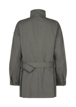 Back view of the IM MEN TOUGH WOOL COTTON long-sleeved, belted dark gray jacket, crafted from premium Bishu wool with a high collar and buttoned cuffs, laid flat against a white background.