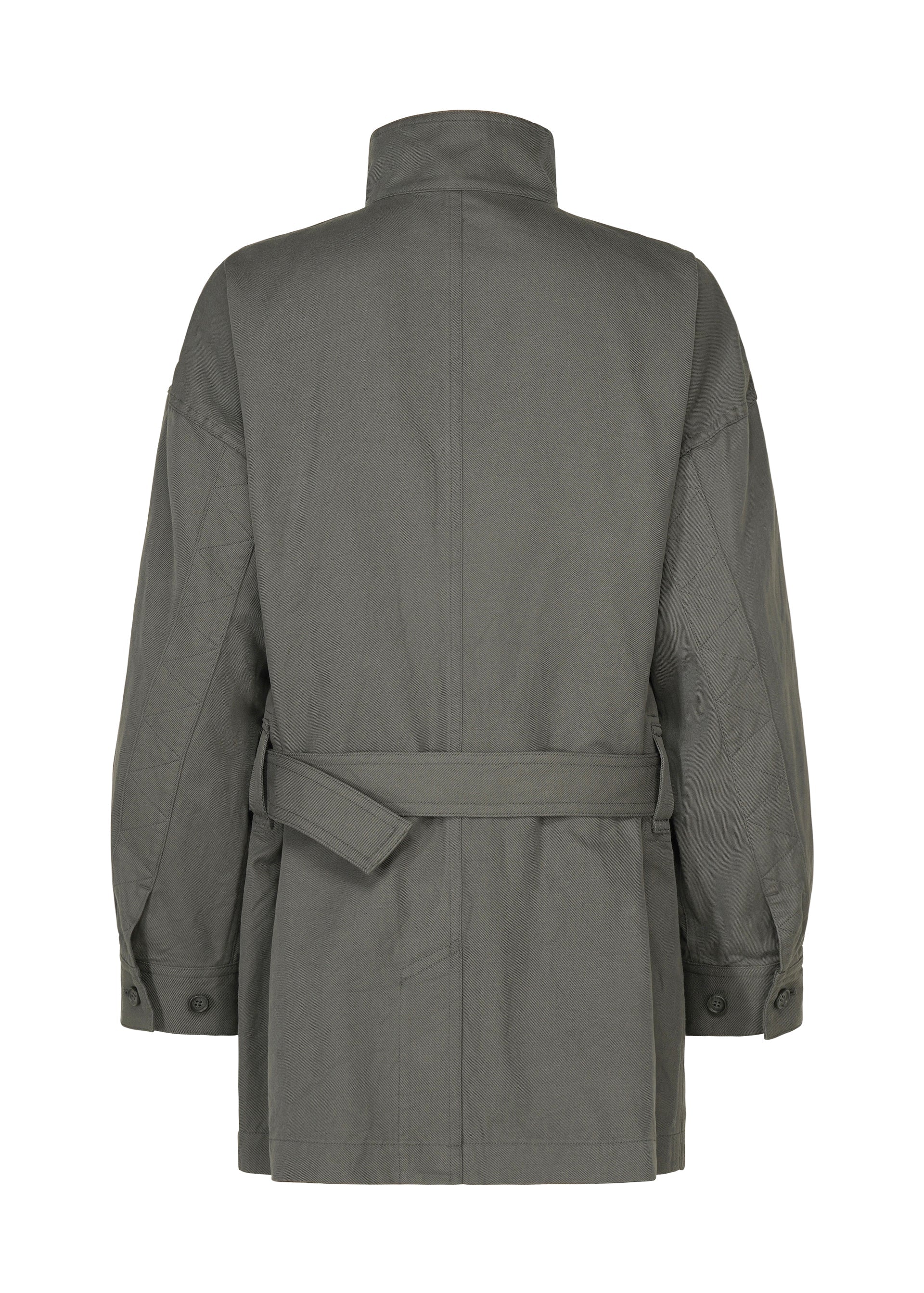 Zoomed view Back view of the IM MEN TOUGH WOOL COTTON long-sleeved, belted dark gray jacket, crafted from premium Bishu wool with a high collar and buttoned cuffs, laid flat against a white background.