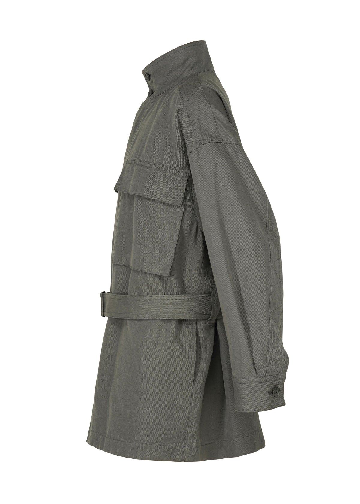 Side view of the TOUGH WOOL COTTON field jacket by IM MEN in olive green, crafted from Bishu wool blended yarn with a standing collar, flap chest pocket, waist belt, and buttoned cuffs, displayed on a white background. view 5 of 9