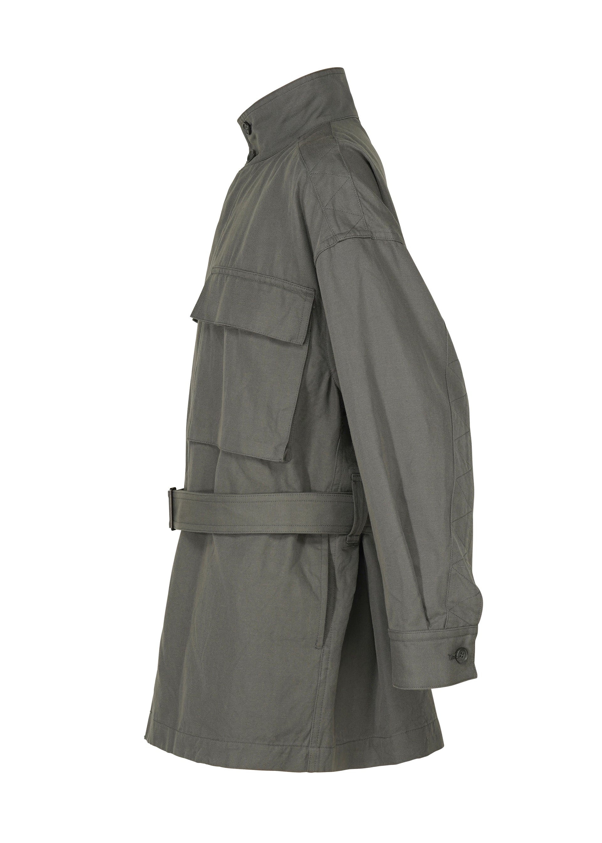 Zoomed view Side view of the TOUGH WOOL COTTON field jacket by IM MEN in olive green, crafted from Bishu wool blended yarn with a standing collar, flap chest pocket, waist belt, and buttoned cuffs, displayed on a white background.