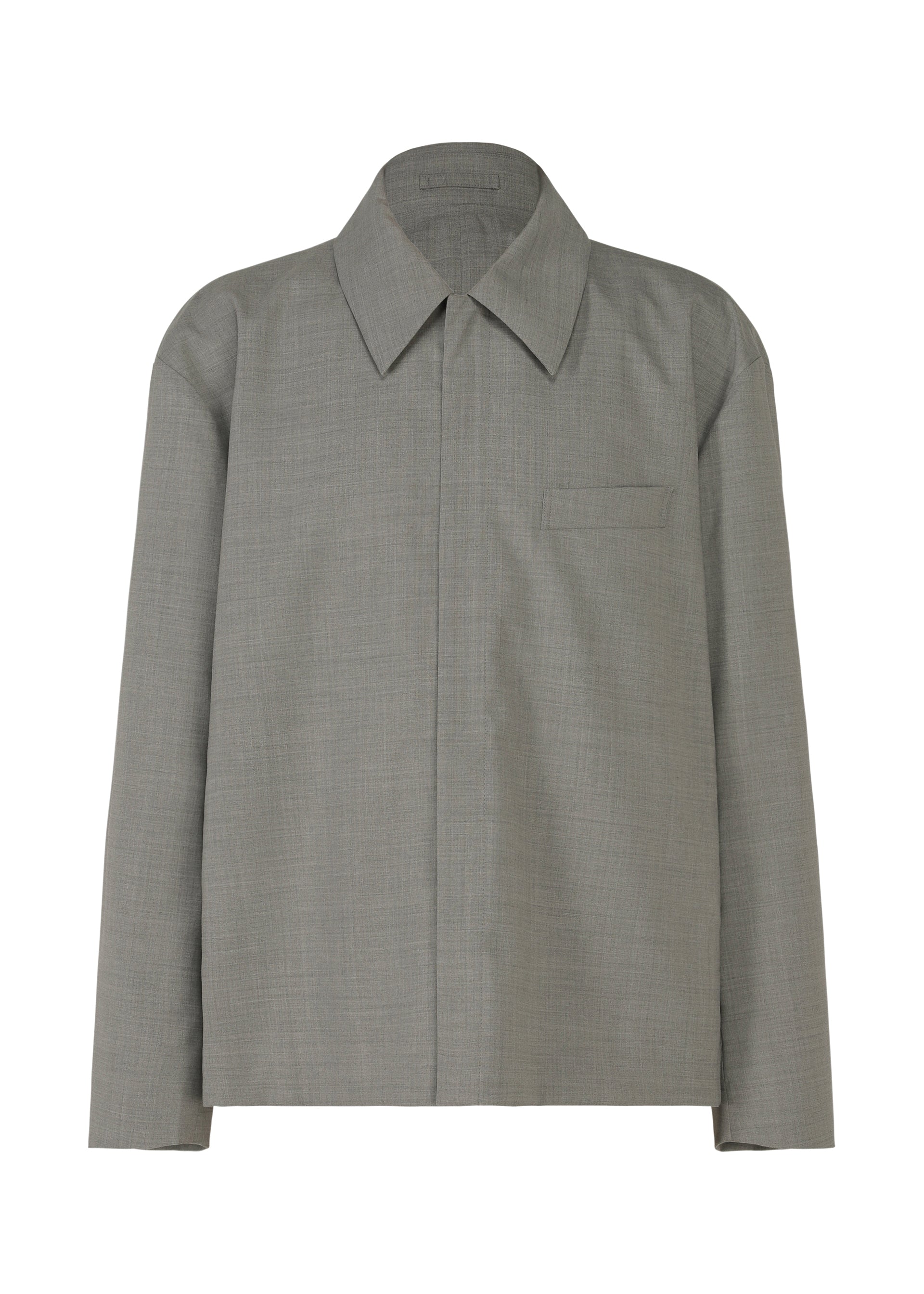 Zoomed view The SUAVE shirt by IM MEN is a plain, long-sleeved, light gray button-up with a pointed collar and single chest pocket, featuring a sleek silhouette against a white background.