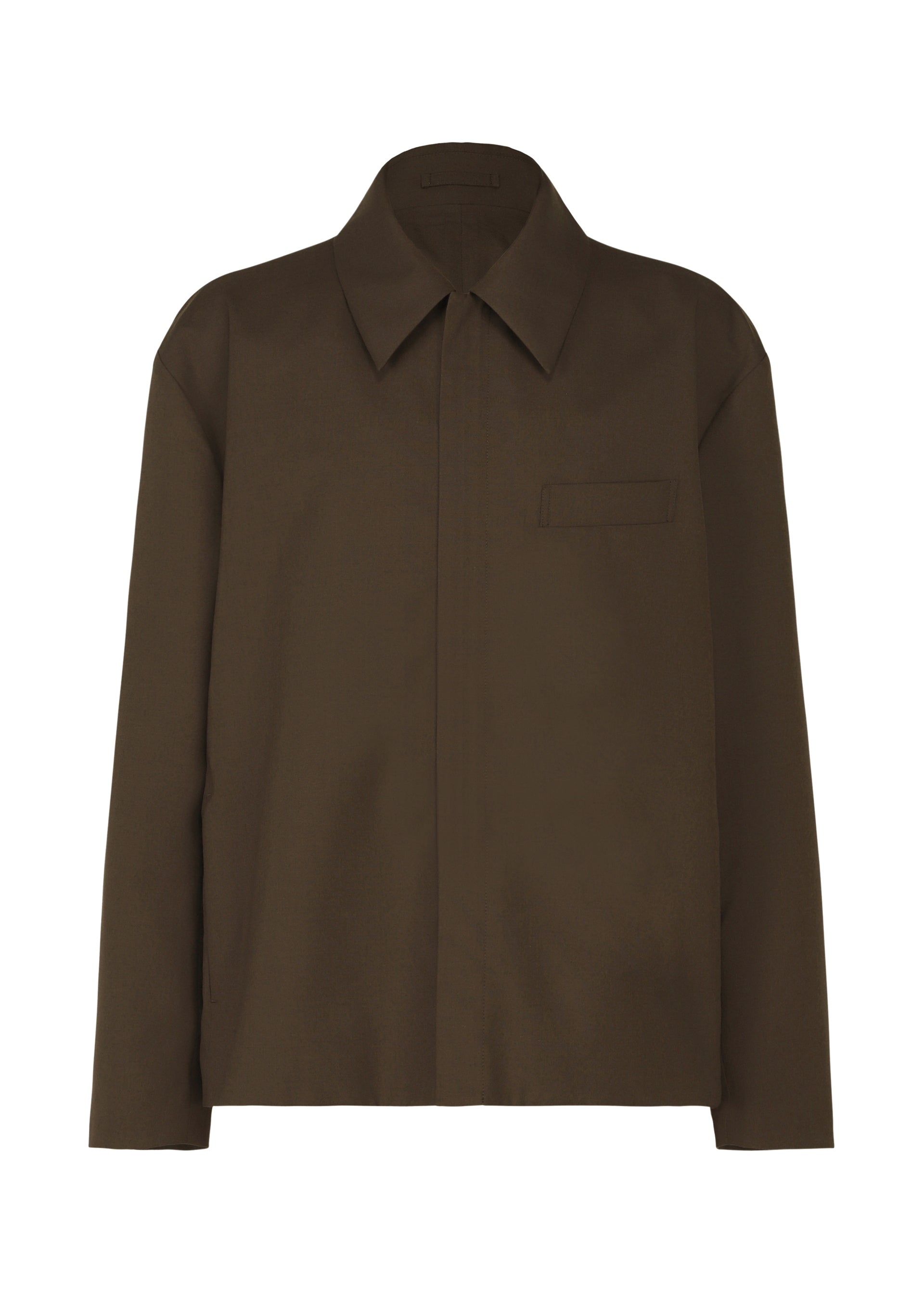 Zoomed view The SUAVE shirt by IM MEN is a plain, long-sleeved, dark brown collared shirt with a single chest pocket and concealed button placket, featuring a sleek silhouette and shown against a white background. - BROWN （no.44）