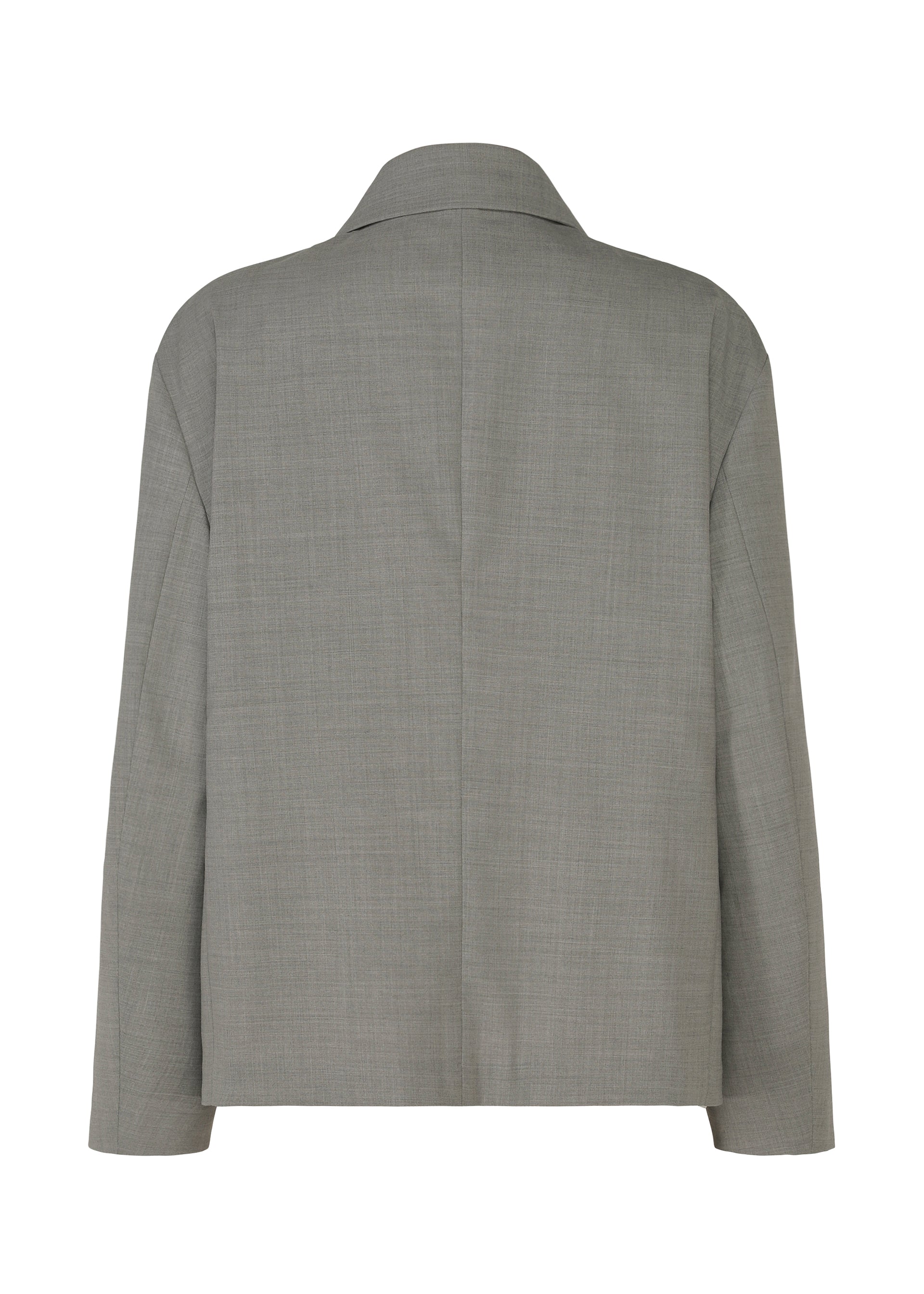 Zoomed view A back view of the SUAVE jacket by IM MEN, in light gray wool blend with long sleeves, straight hem, and notched collar. Its sleek silhouette is shown against a plain white background.