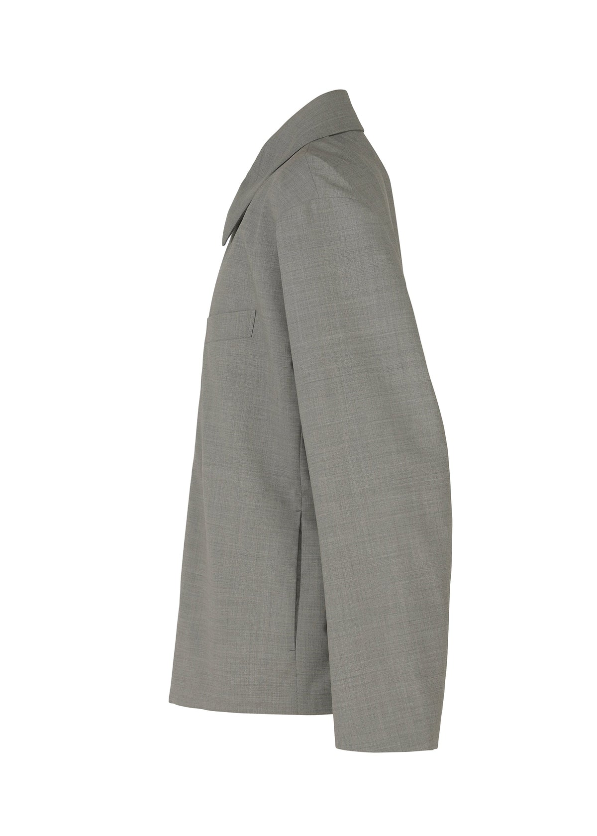 Side view of the IM MEN SUAVE gray wool blend jacket, featuring a notched collar, chest pocket, and long sleeves, displayed on a white background for a sleek silhouette. view 5 of 9