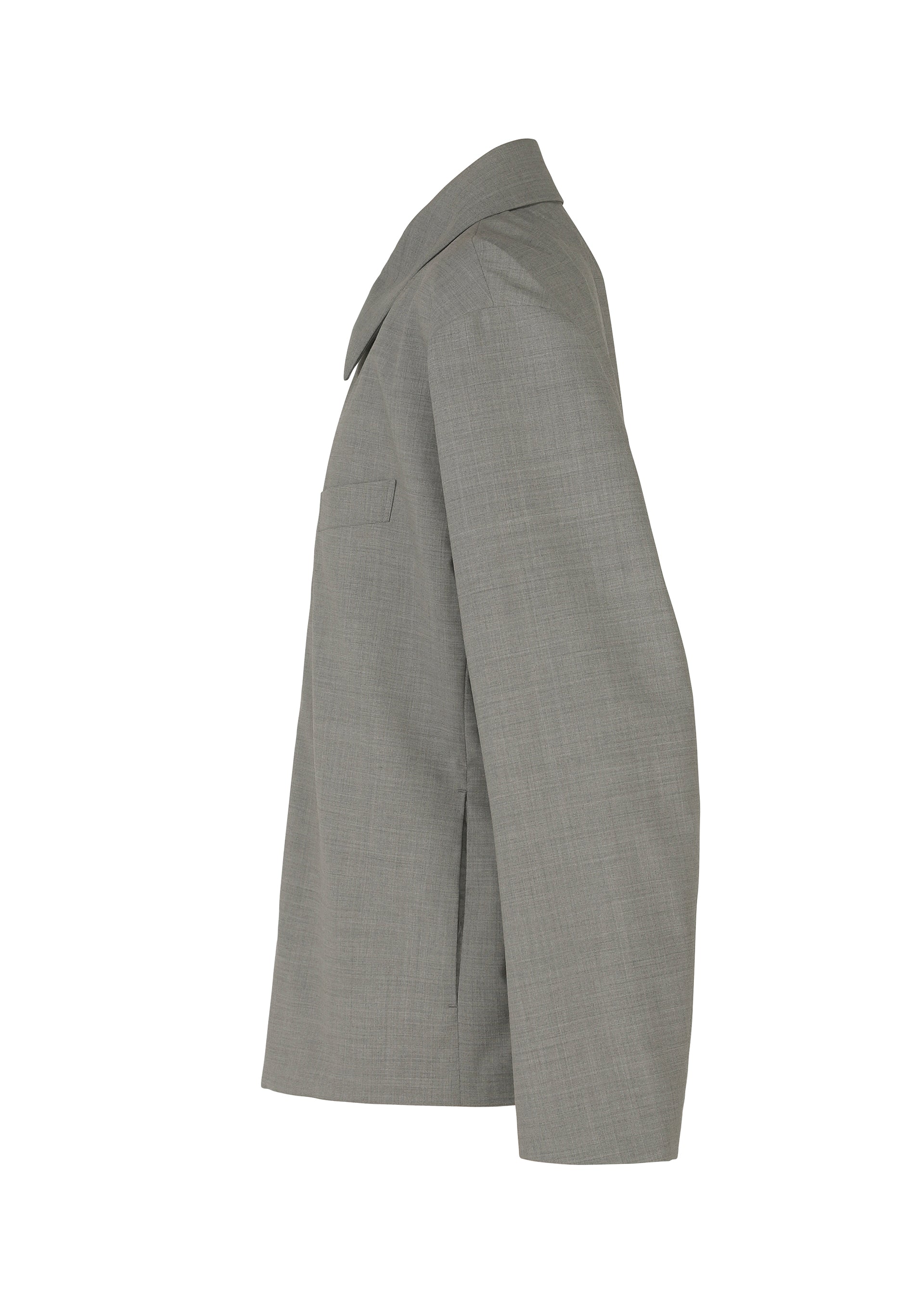 Zoomed view Side view of the IM MEN SUAVE gray wool blend jacket, featuring a notched collar, chest pocket, and long sleeves, displayed on a white background for a sleek silhouette.