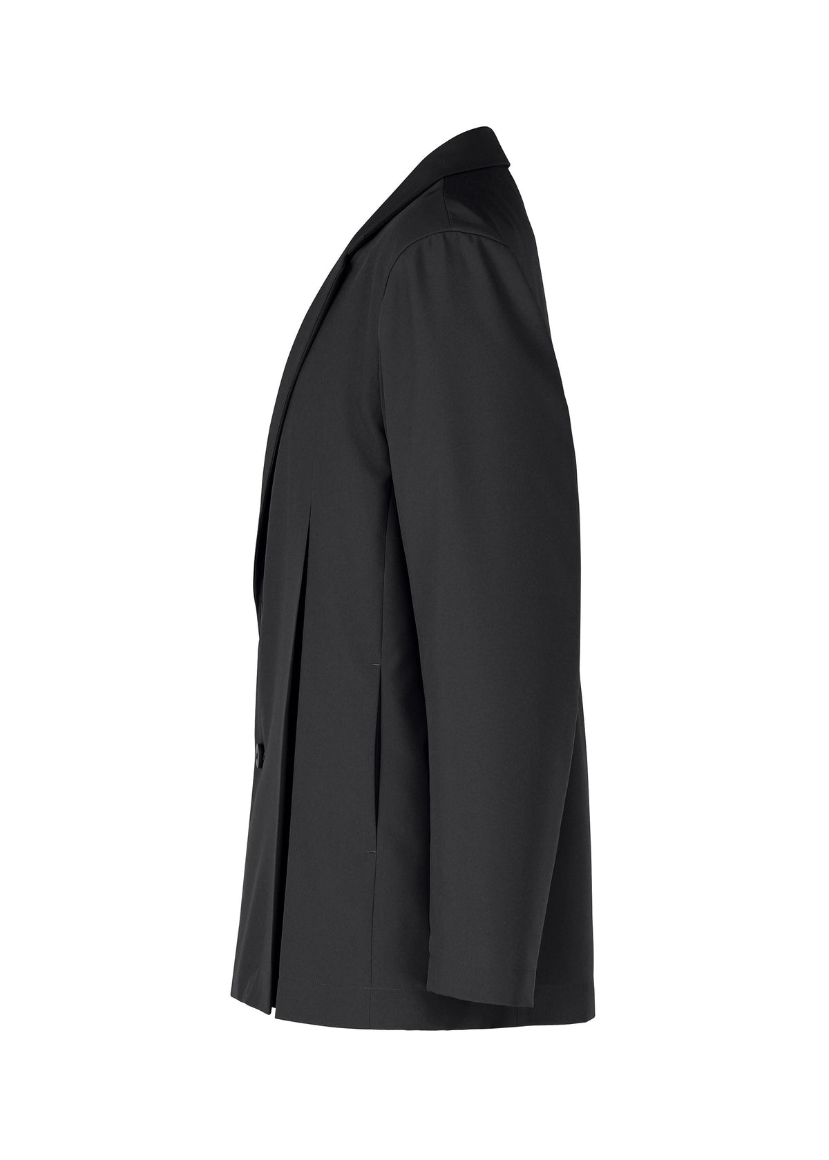 Zoomed view Side view of the IM MEN WINGS BLACK wrinkle resistant jacket with long sleeves and a notched lapel, shown on a plain white background.