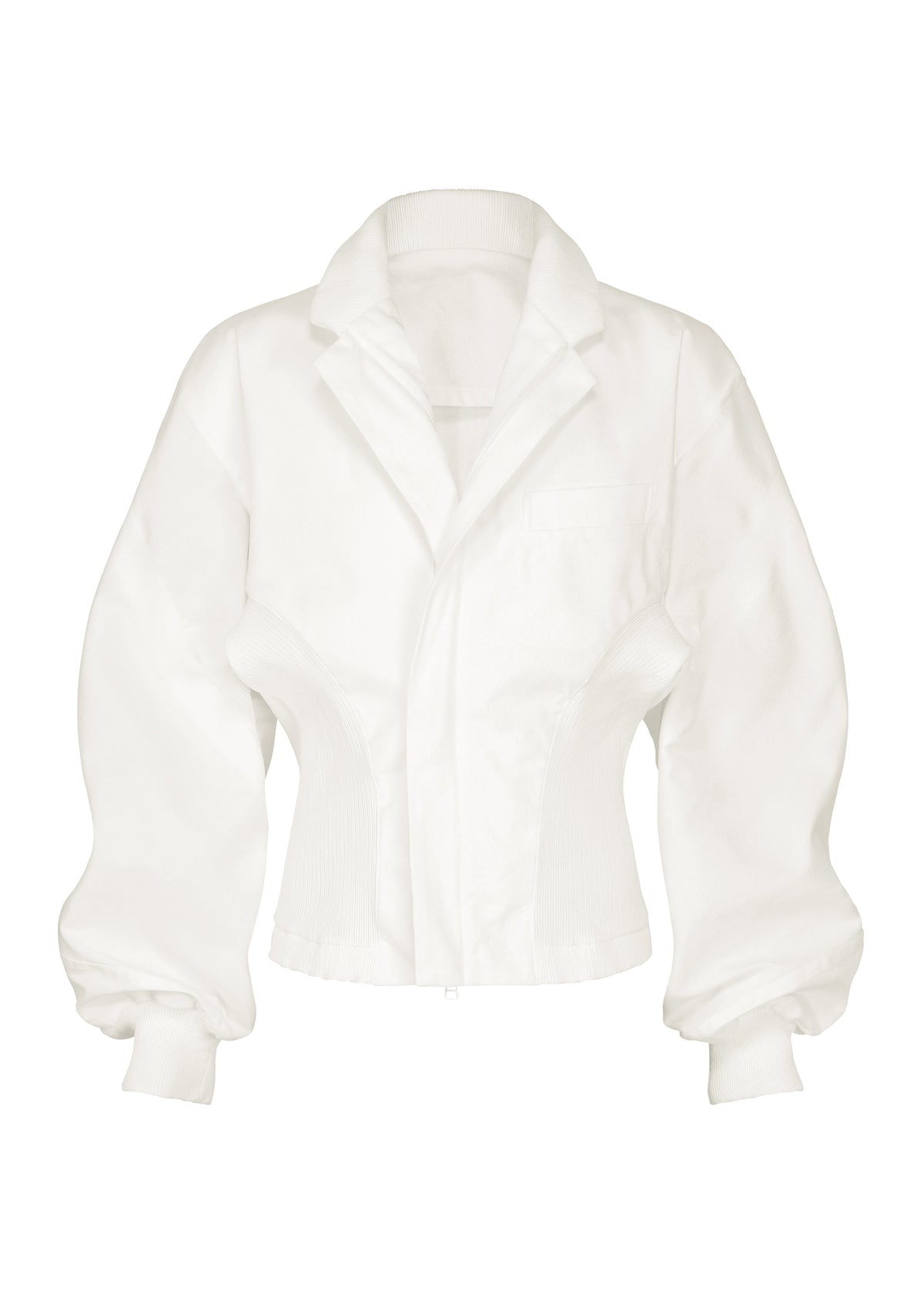 The CLAY jacket by IM MEN is a white long-sleeve piece featuring a sculptural, structured fit with a collar, fitted waist, and ribbed cuffs. Crafted from stretch fabric, this modern minimalist design showcases a sleek front with no visible buttons or fastenings. view 1 of 8