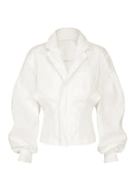 The CLAY jacket by IM MEN is a white long-sleeve piece featuring a sculptural, structured fit with a collar, fitted waist, and ribbed cuffs. Crafted from stretch fabric, this modern minimalist design showcases a sleek front with no visible buttons or fastenings. - WHITE （no.01）