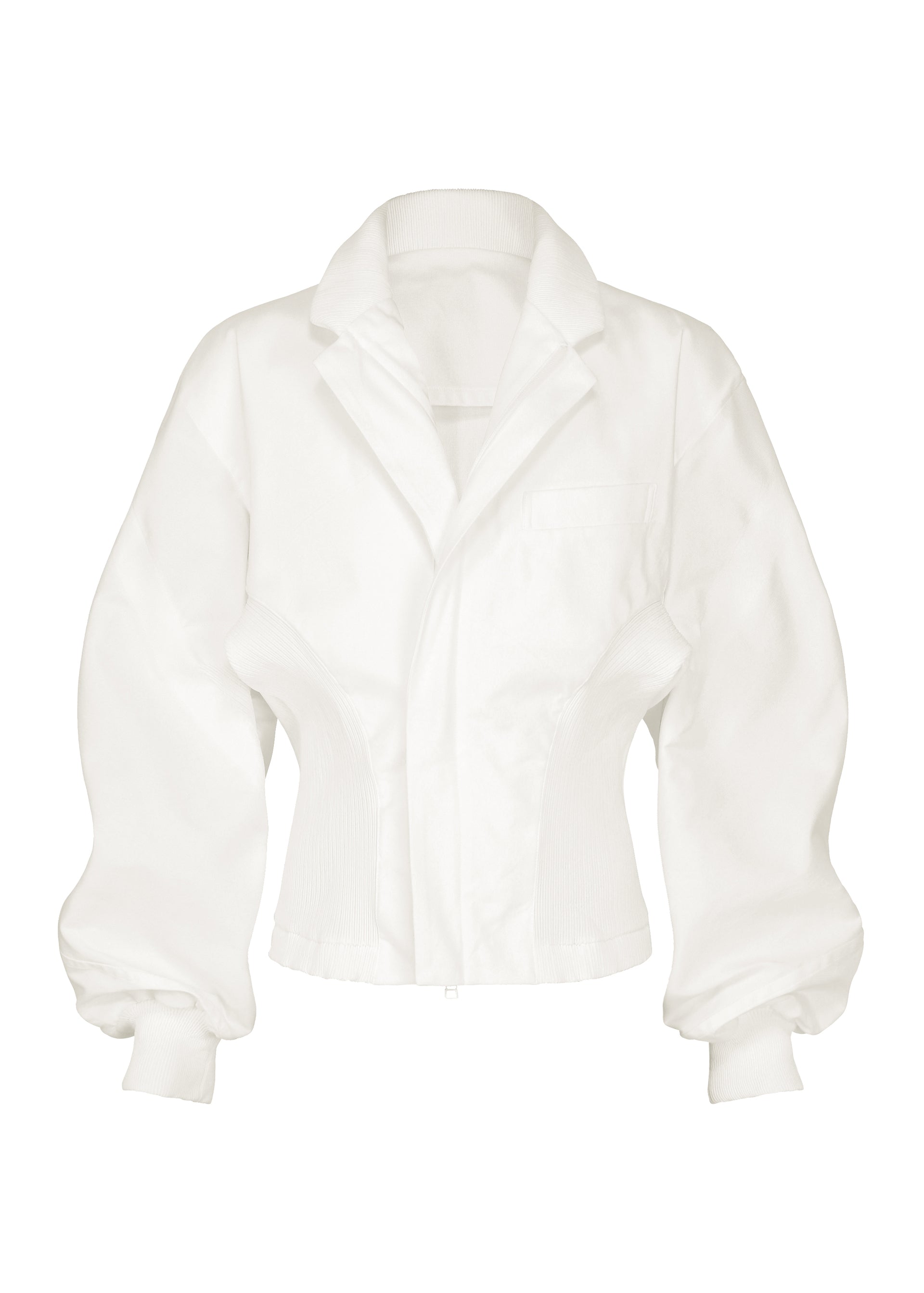 Zoomed view The CLAY jacket by IM MEN is a white long-sleeve piece featuring a sculptural, structured fit with a collar, fitted waist, and ribbed cuffs. Crafted from stretch fabric, this modern minimalist design showcases a sleek front with no visible buttons or fastenings. - WHITE （no.01）