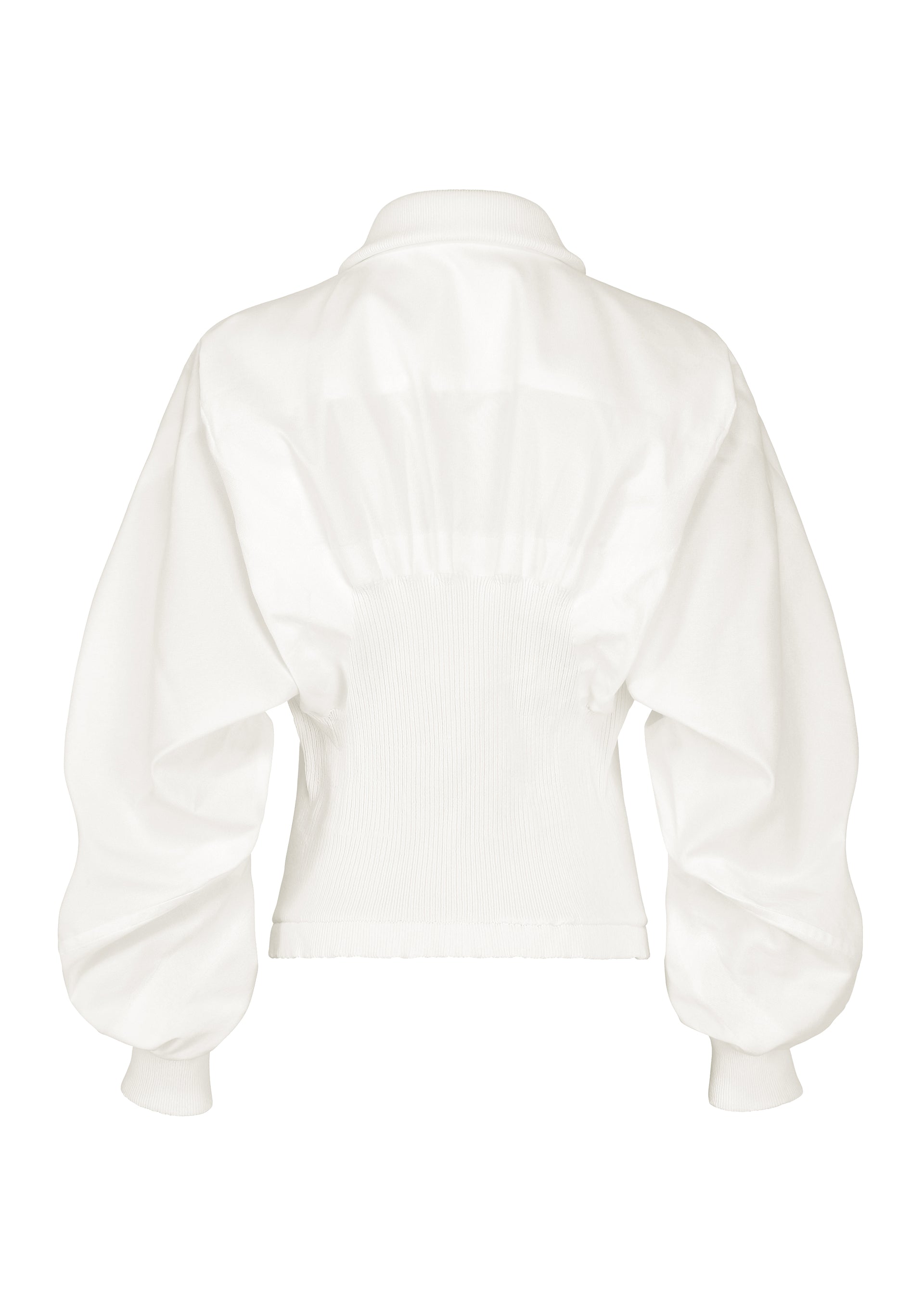 Zoomed view The CLAY blouse by IM MEN is a white long-sleeve top seen from the back, showcasing a high collar, ribbed waist, puffed sleeves, and ribbed cuffs that evoke the look of a rib knit jacket. The lightweight fabric is gently gathered at the waist for an elegant silhouette.