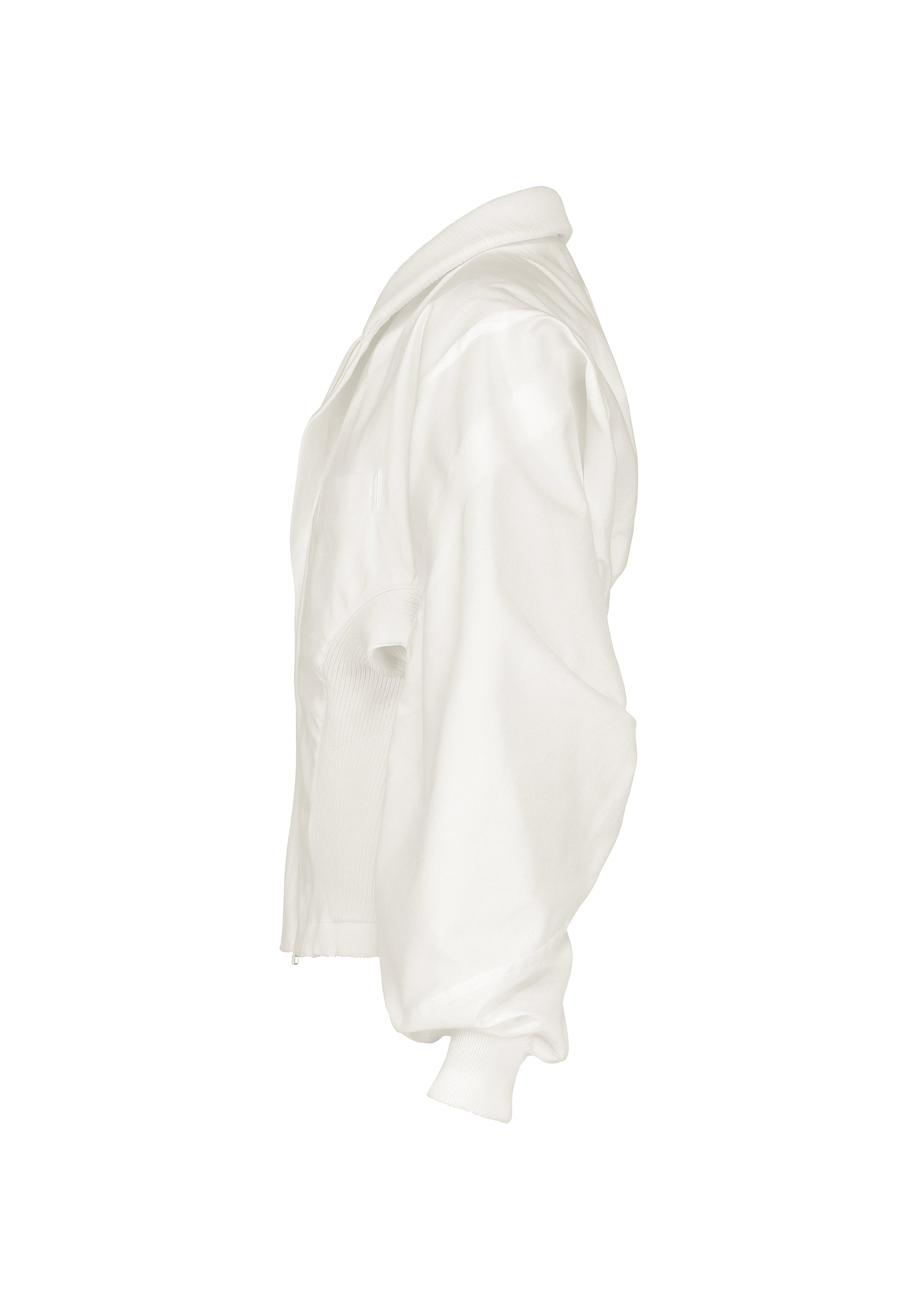 Zoomed view Side view of the IM MEN CLAY white zip-up rib knit jacket featuring ribbed cuffs, waistband, and collar, displayed on a white background. The jacket has a relaxed, slightly oversized fit.