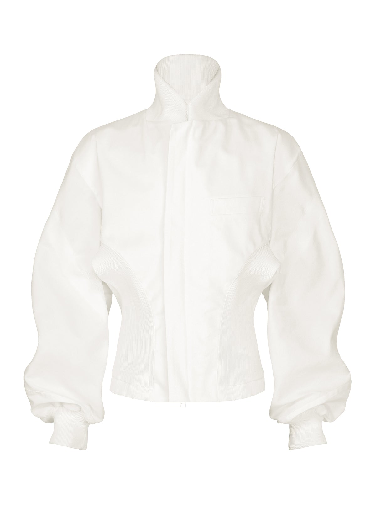 IM MEN’s CLAY is a white, high-collared rib knit jacket with ribbed cuffs and fitted sides, featuring a concealed front closure and a small chest pocket. view 4 of 8