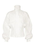 IM MEN’s CLAY is a white, high-collared rib knit jacket with ribbed cuffs and fitted sides, featuring a concealed front closure and a small chest pocket.