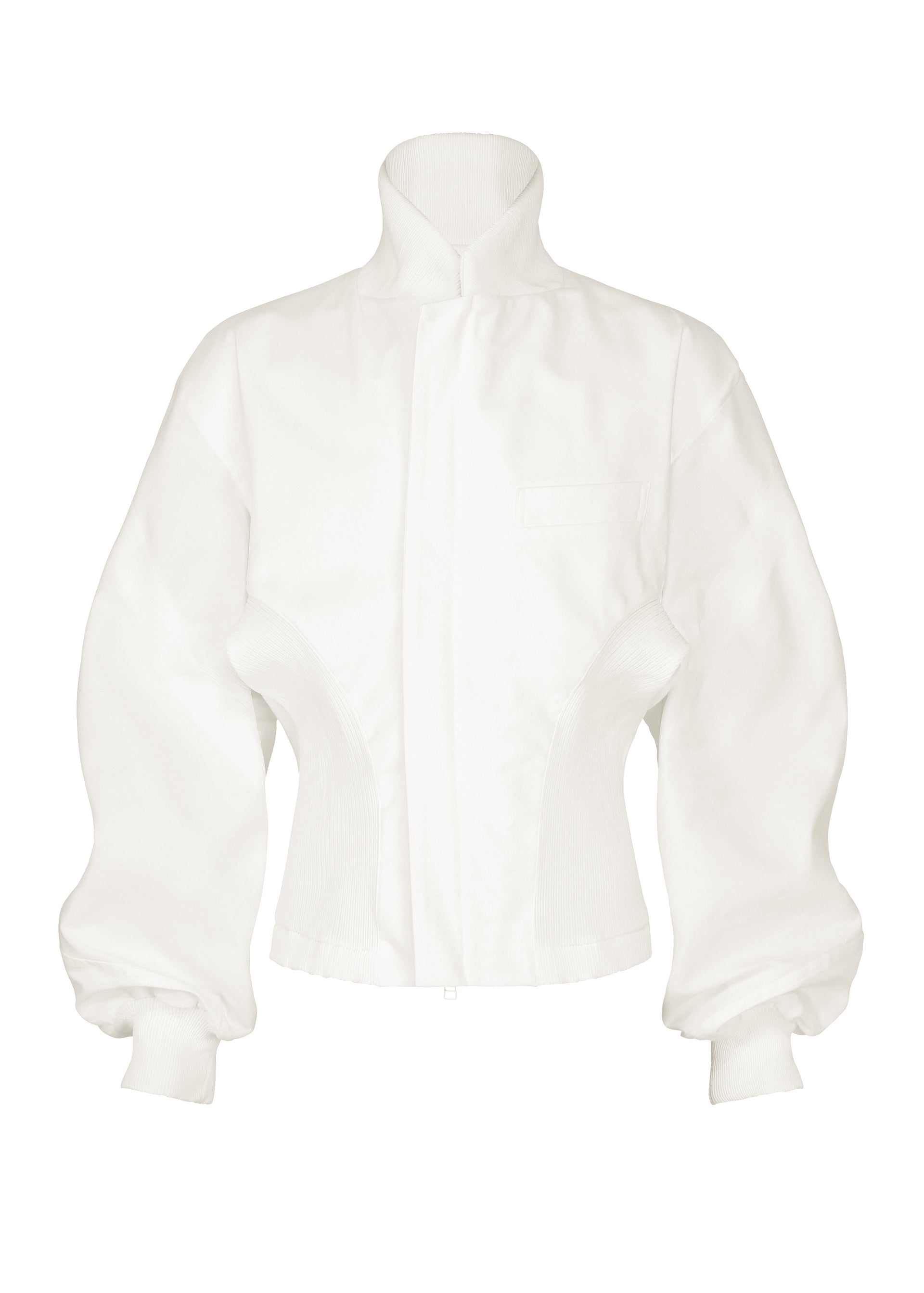 Zoomed view IM MEN’s CLAY is a white, high-collared rib knit jacket with ribbed cuffs and fitted sides, featuring a concealed front closure and a small chest pocket.