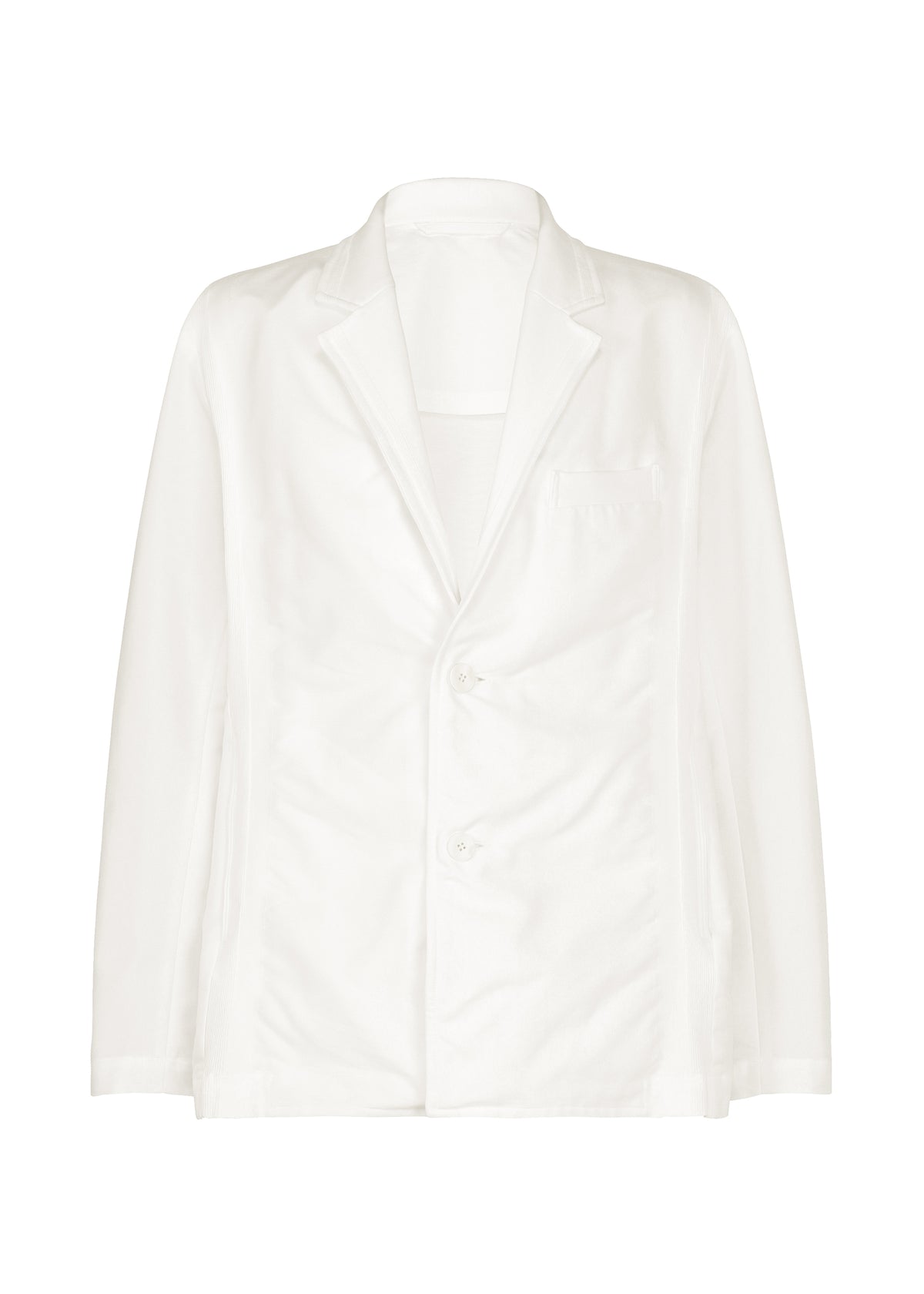 The CLAY jacket by IM MEN is a white, long-sleeved textile piece with a sculptural silhouette, featuring two buttons, a notched lapel collar, and a chest pocket, displayed on a plain white background. view 1 of 8