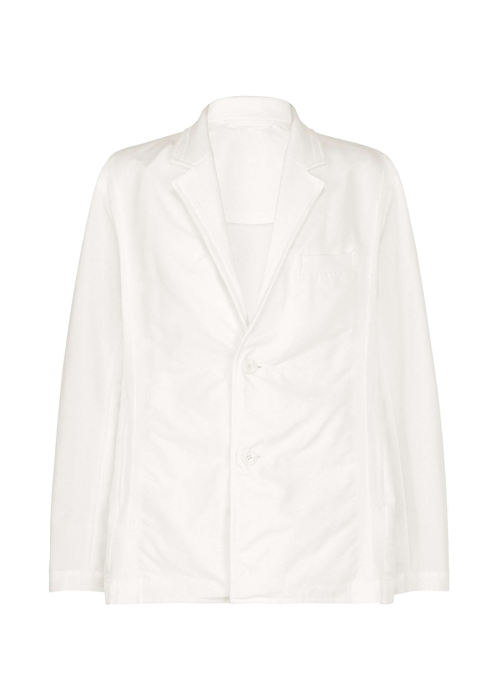 Zoomed view The CLAY jacket by IM MEN is a white, long-sleeved textile piece with a sculptural silhouette, featuring two buttons, a notched lapel collar, and a chest pocket, displayed on a plain white background. - WHITE （no.01）