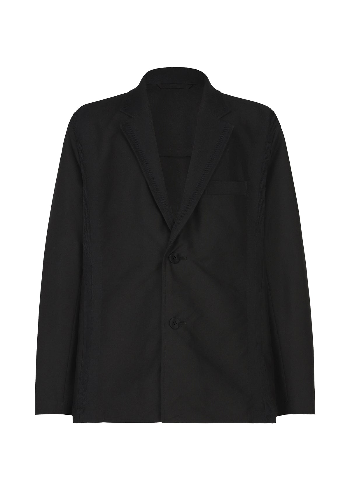 IM MEN “CLAY” black single-breasted textile jacket featuring a notched lapel, two-button closure, and a single breast pocket, displayed against a white background. view 2 of 8