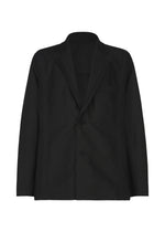 IM MEN “CLAY” black single-breasted textile jacket featuring a notched lapel, two-button closure, and a single breast pocket, displayed against a white background. - BLACK （no.15）