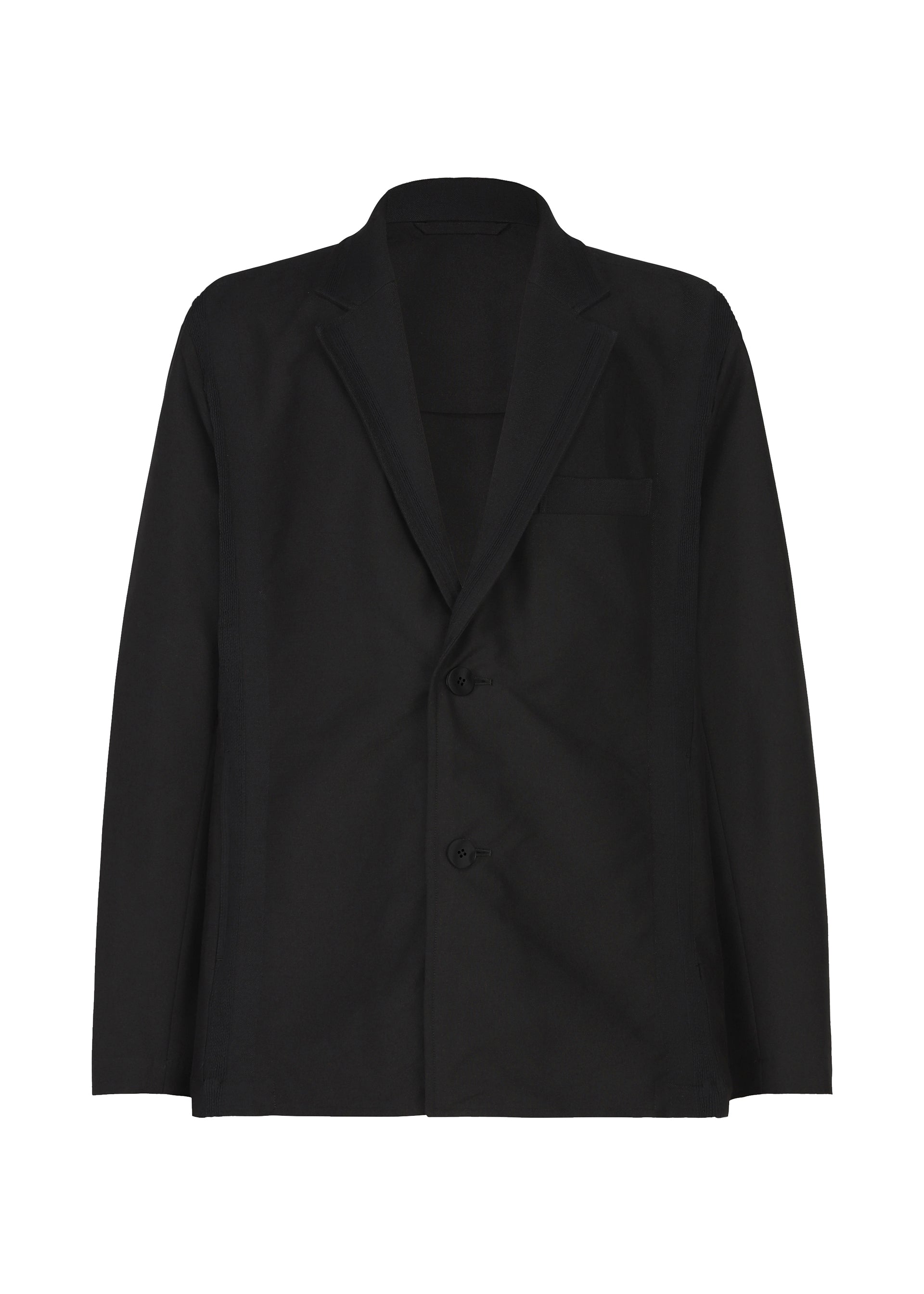 Zoomed view IM MEN “CLAY” black single-breasted textile jacket featuring a notched lapel, two-button closure, and a single breast pocket, displayed against a white background. - BLACK （no.15）